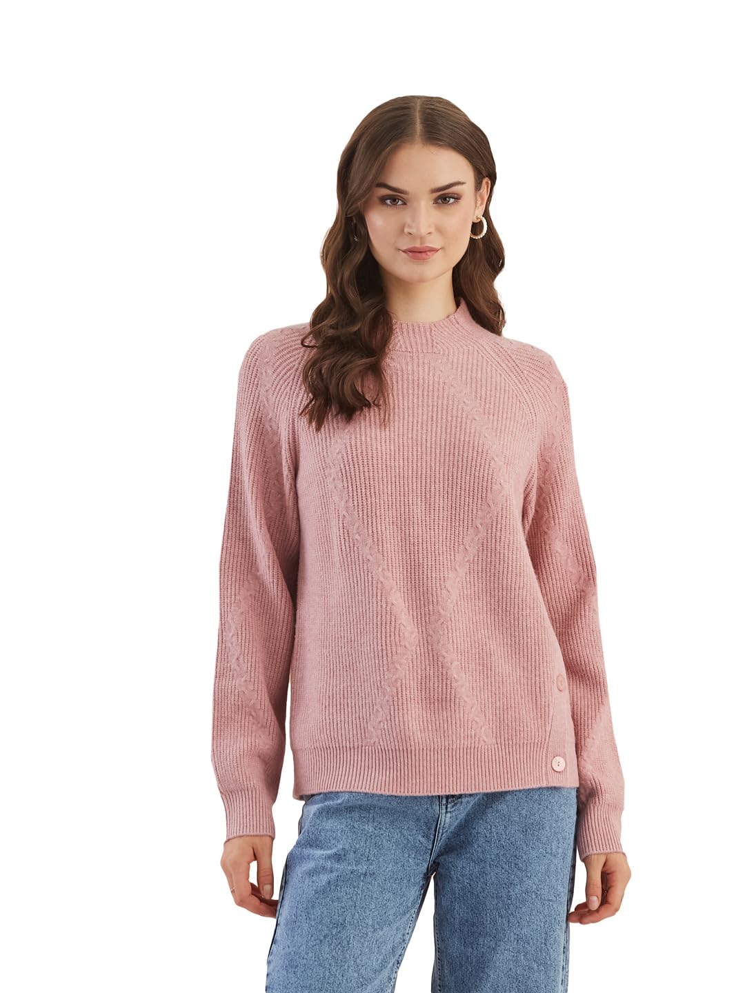 latin quarters Women's Pink Full Sleeves Round Neck Knitted Casual Hip Length Sweater-picture-36