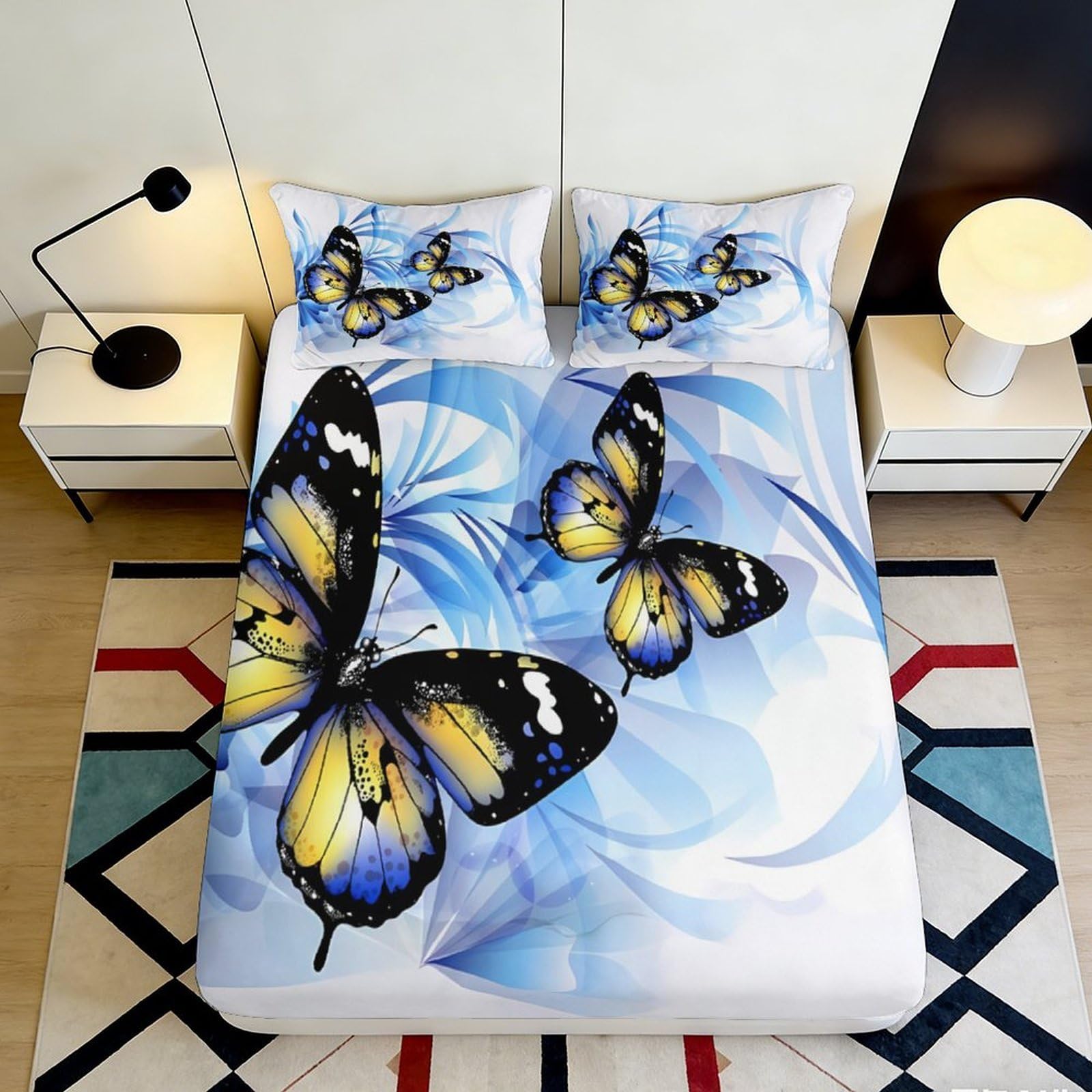 3D Printed Butterfly Fitted Sheet Microfiber Deep Pocket Non-Slip Bedroom Butterfly Mattress Fitted Cover Full Wrap Washable 200x200x25cm