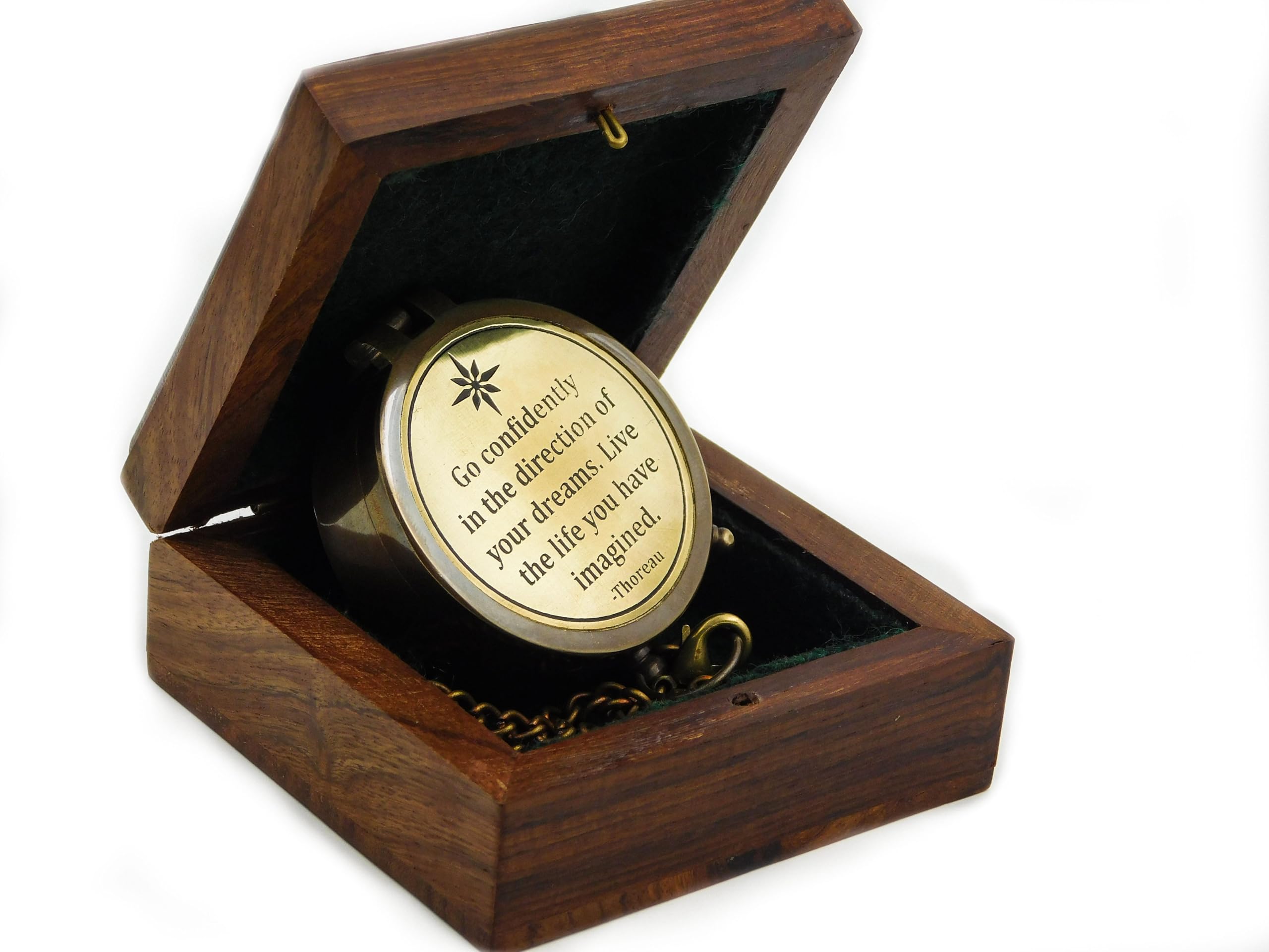 Bussola antica in ottone con incisione Go Confidently in The Direction of Your Dreams – Regalo con scatola di legno