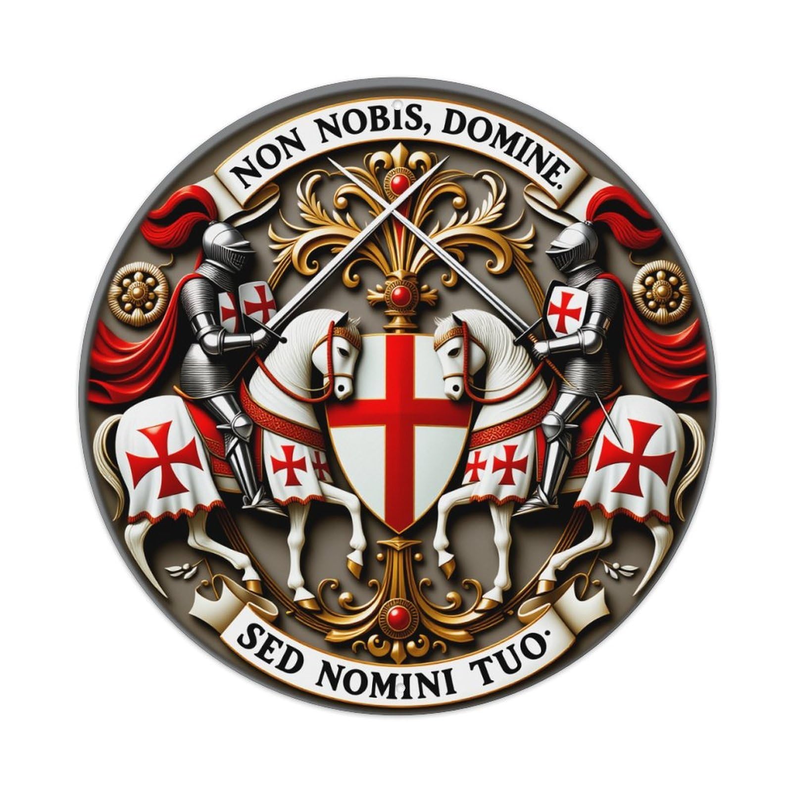 Wmlzdnwr Vintage Knight Cross Horse Shield Banner Red White Gold Round Tin Sign,Retro Wall Art,Metal Poster For Home, Bar, Garage, Cafe, Rustic Indoor & Outdoor Decor, 8X8 Inches