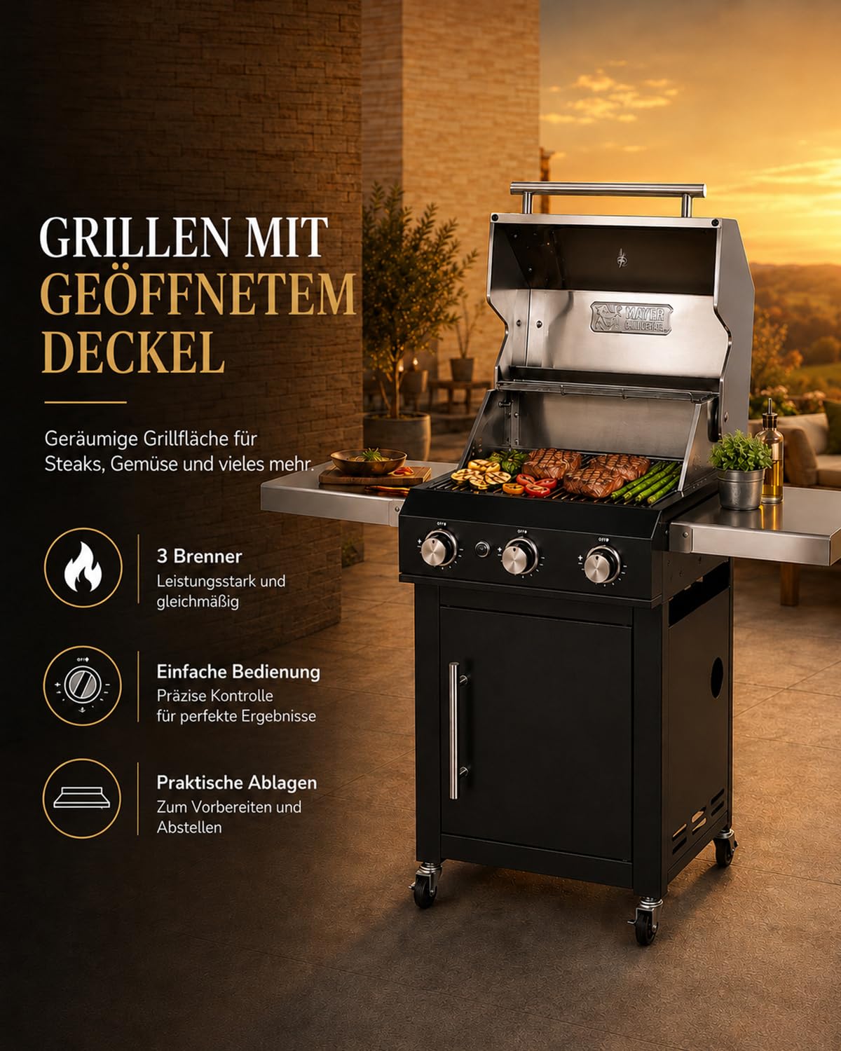 Premium Gasgrill 3 Brenner 10,5 kW Grillrost komplett montiert, Outdoor-Grill für Garten & Terrasse, 304 Edelstahl-Brenner schwarzer PVD-beschichteter Edelstahl-Korpus 1,2 x 0,6 x 1,2 m