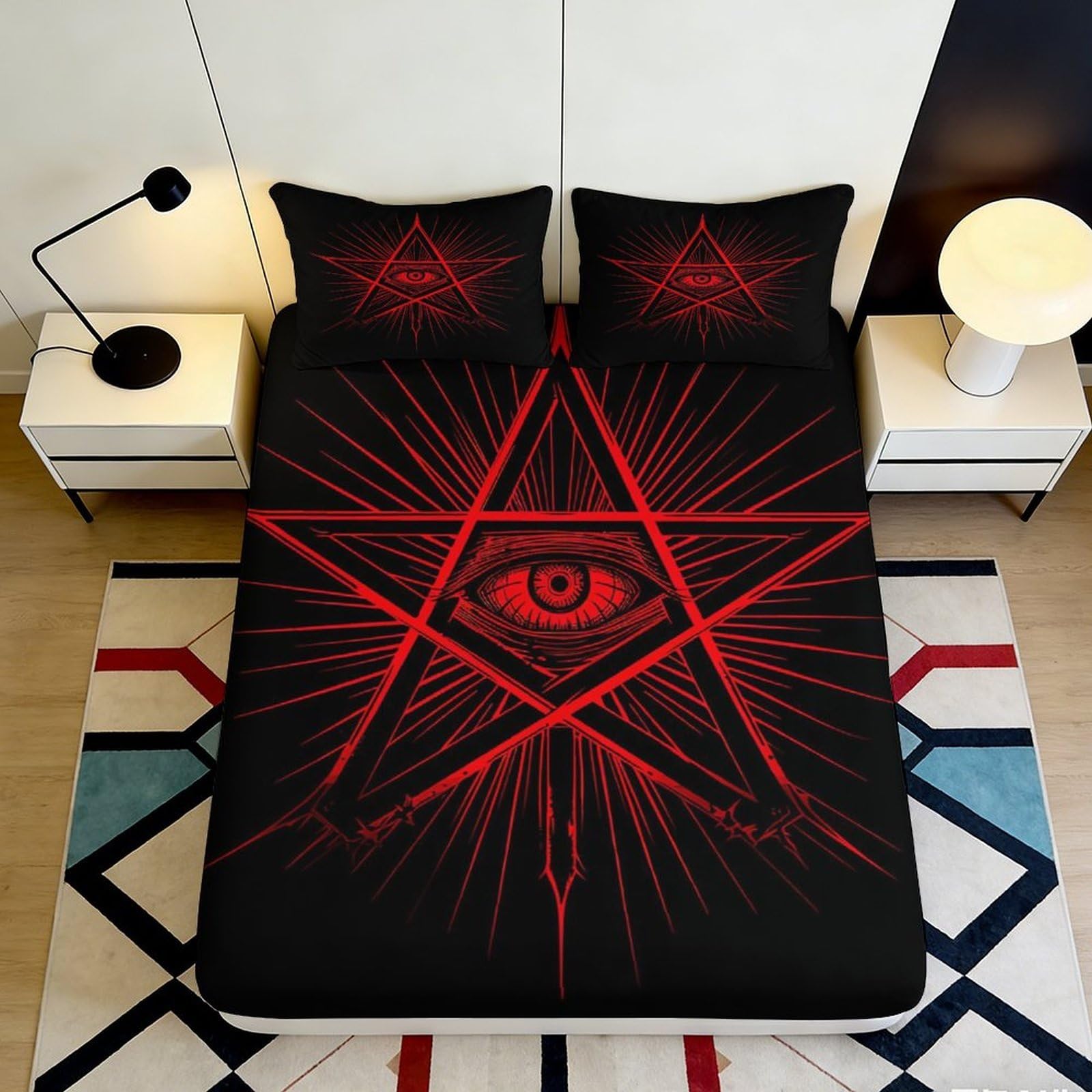 3D Printed Red Eye Pentagram Fitted Sheet Microfiber Breathable Black Star Mattress Cover for Bedroom Dormitory Guest Room Protection Decoration 160x200x25cm