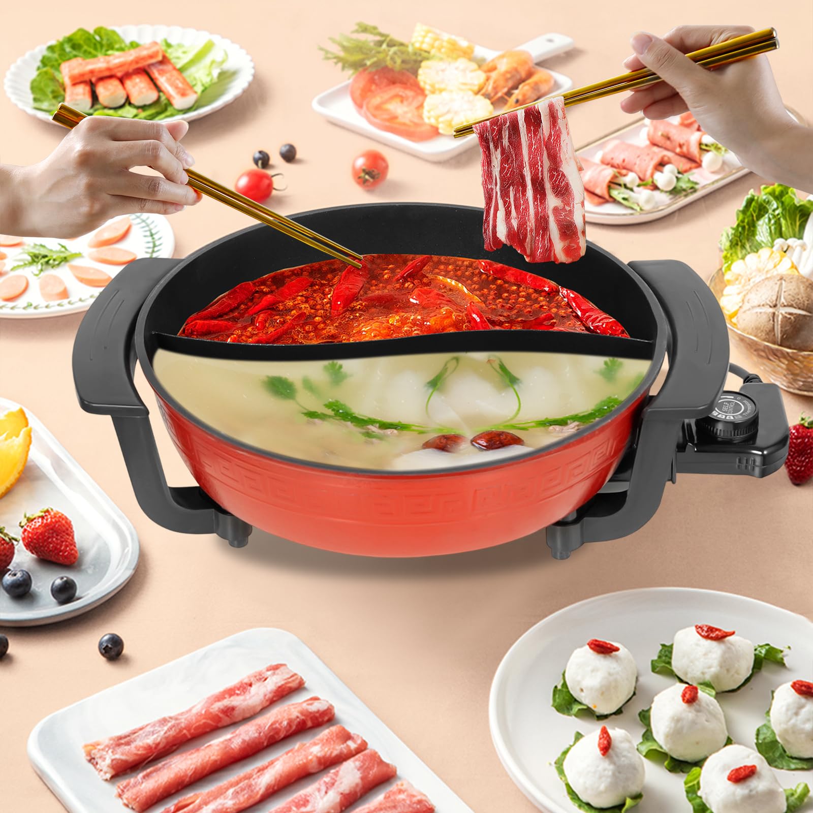 Pentola da 1360 W Hot Pot 6 L Twin Hot Pot Shabu per fonduta cinese con coperchio e 5 livelli di regolazione della temperatura per 3-4 persone