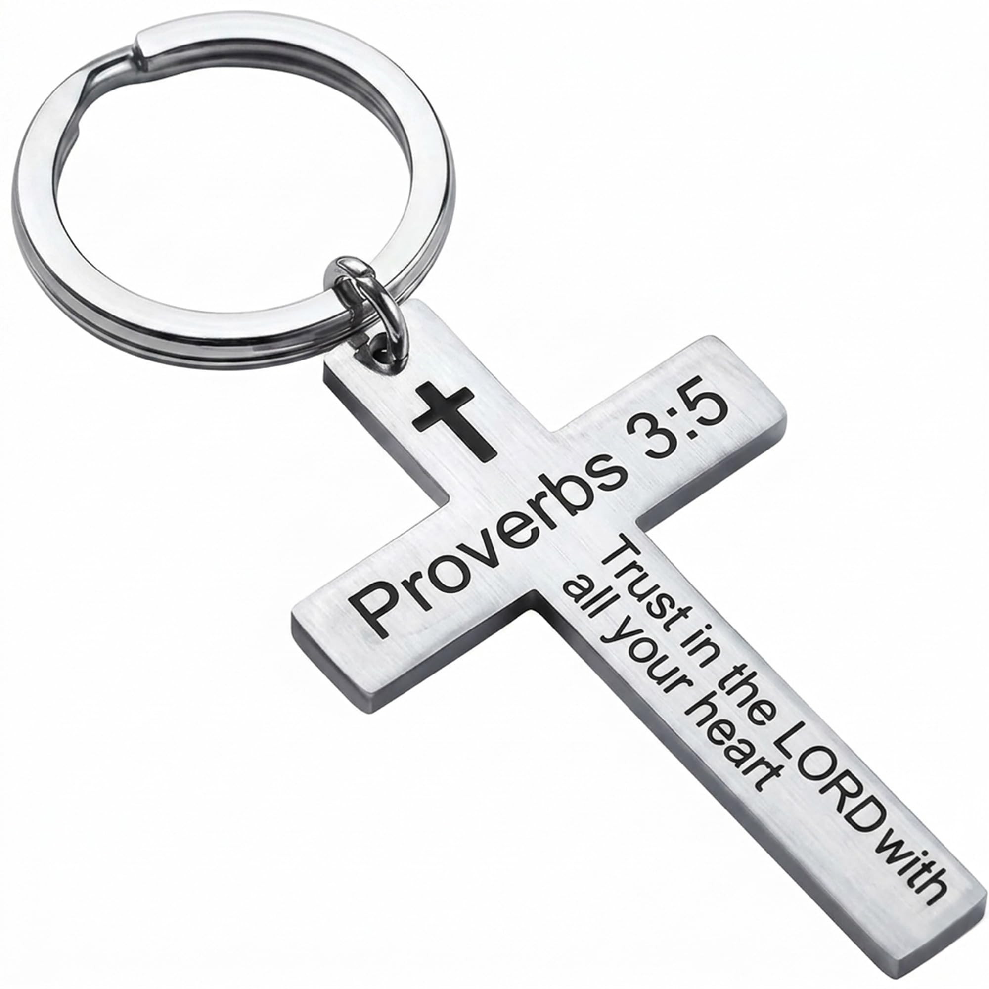 Schlüsselanhänger Christlich - Kreuz mit Bibelvers Gravur - Silberfarben (Proverbs 3:5)