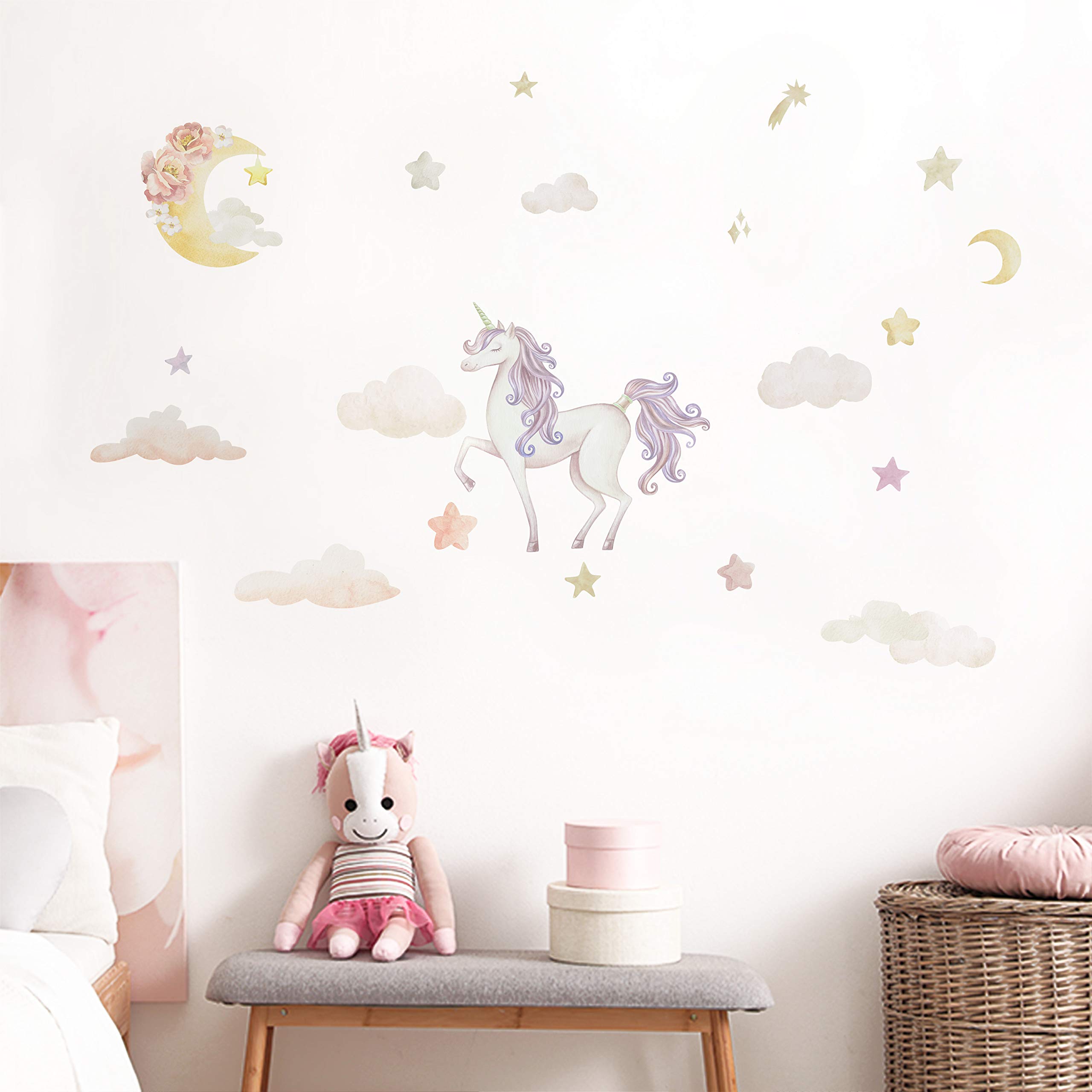 Alwayspon Kids/Girls Room Cute Unicorn Cloud Star Moon Wall Sticker, Removable Watercolor Wall Decals, Peel and Stick Wall Art Murals for Home Nursery Decoration Living Room Decor