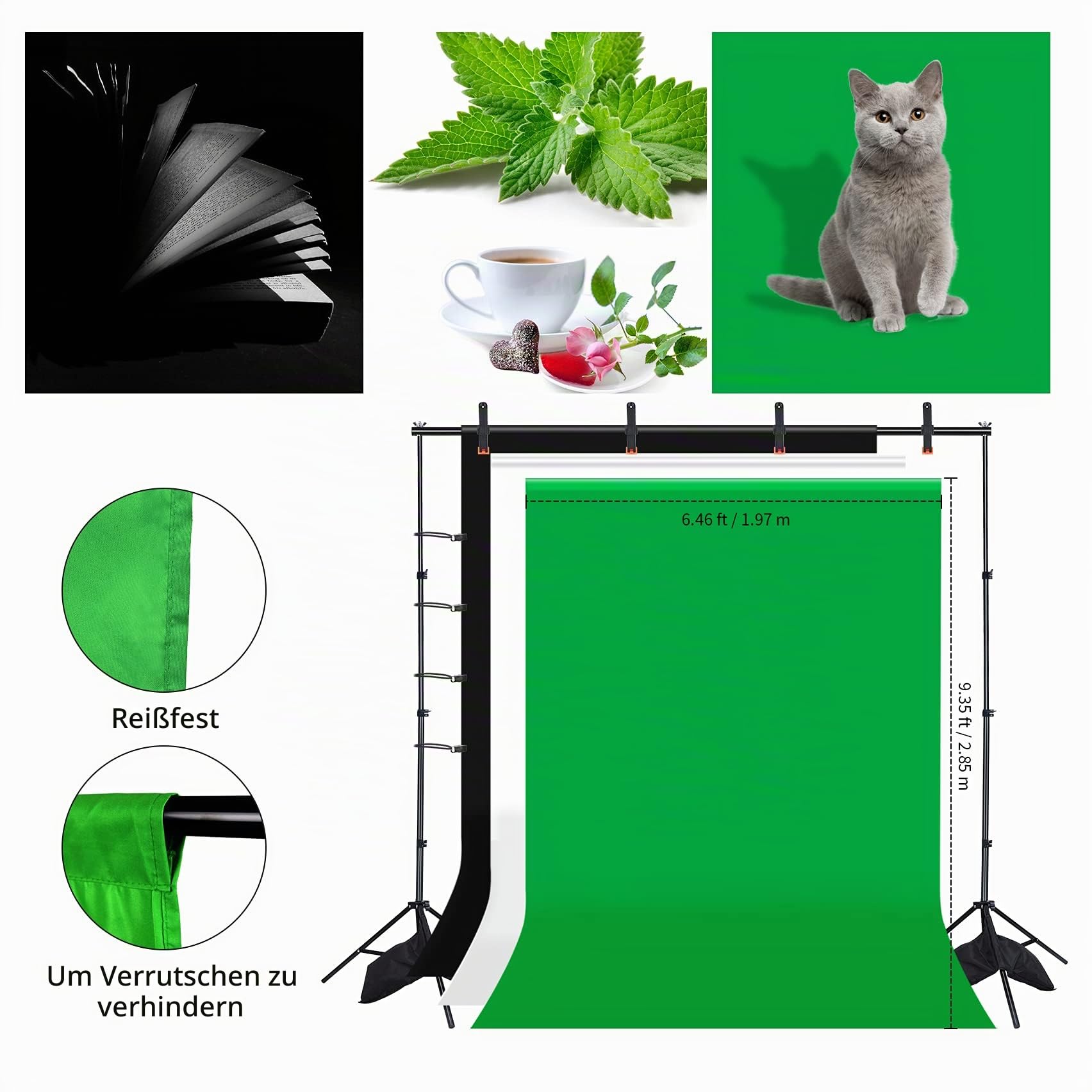 2.6 x 3 M Foto Hintergrund Ständer mit 3 Hintergrundtüchern | Verstellbarer Hintergrundsystem mit 4 Klammer, 2 Sandsack & Tragetasche für Innenfotografie und Videoaufnahme