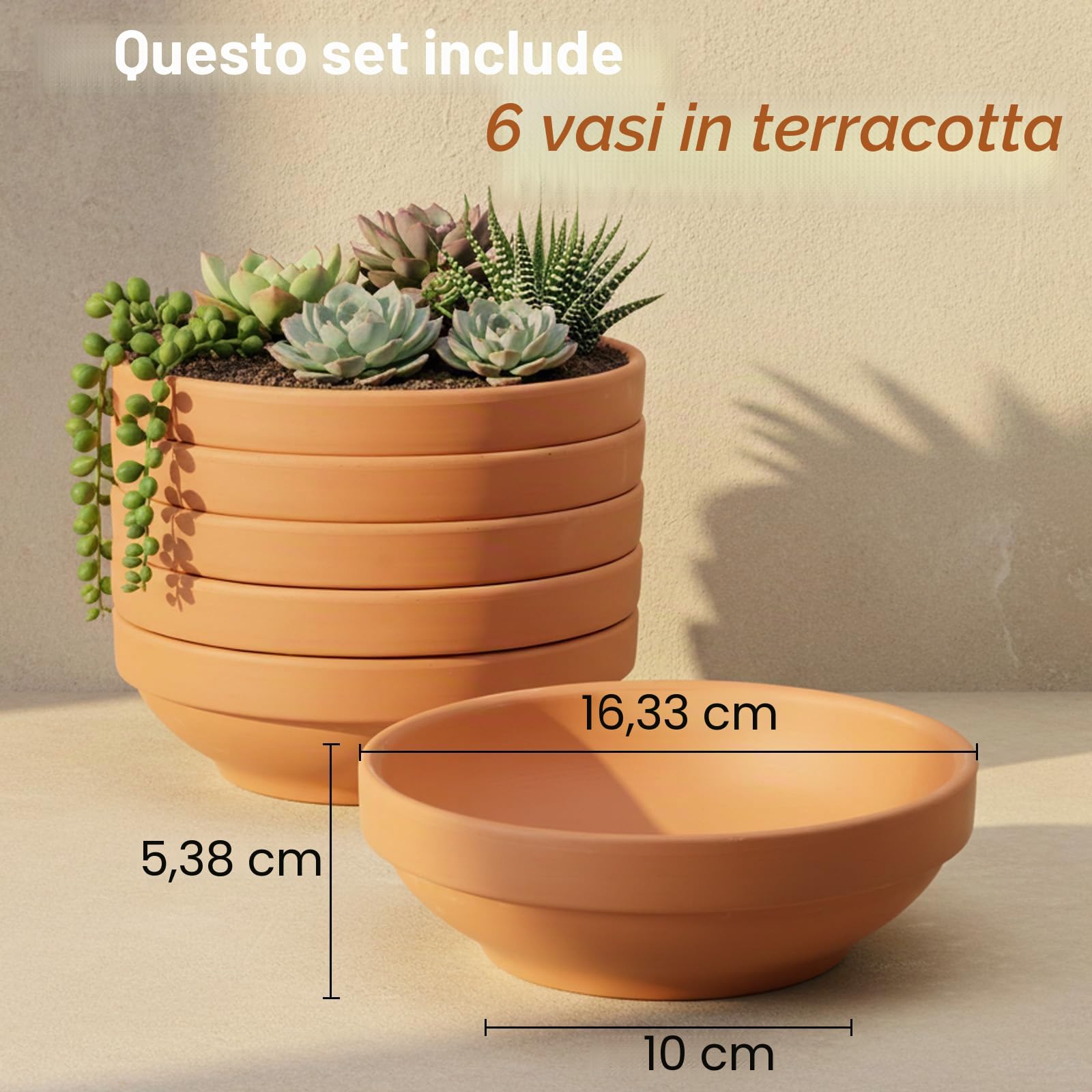 Terra Cotta Vasi Laergin in terracotta poco profonda da 16,43 cm, con foro di drenaggio, vasi in ceramica per piante da interno ed esterno (confezione da 6)