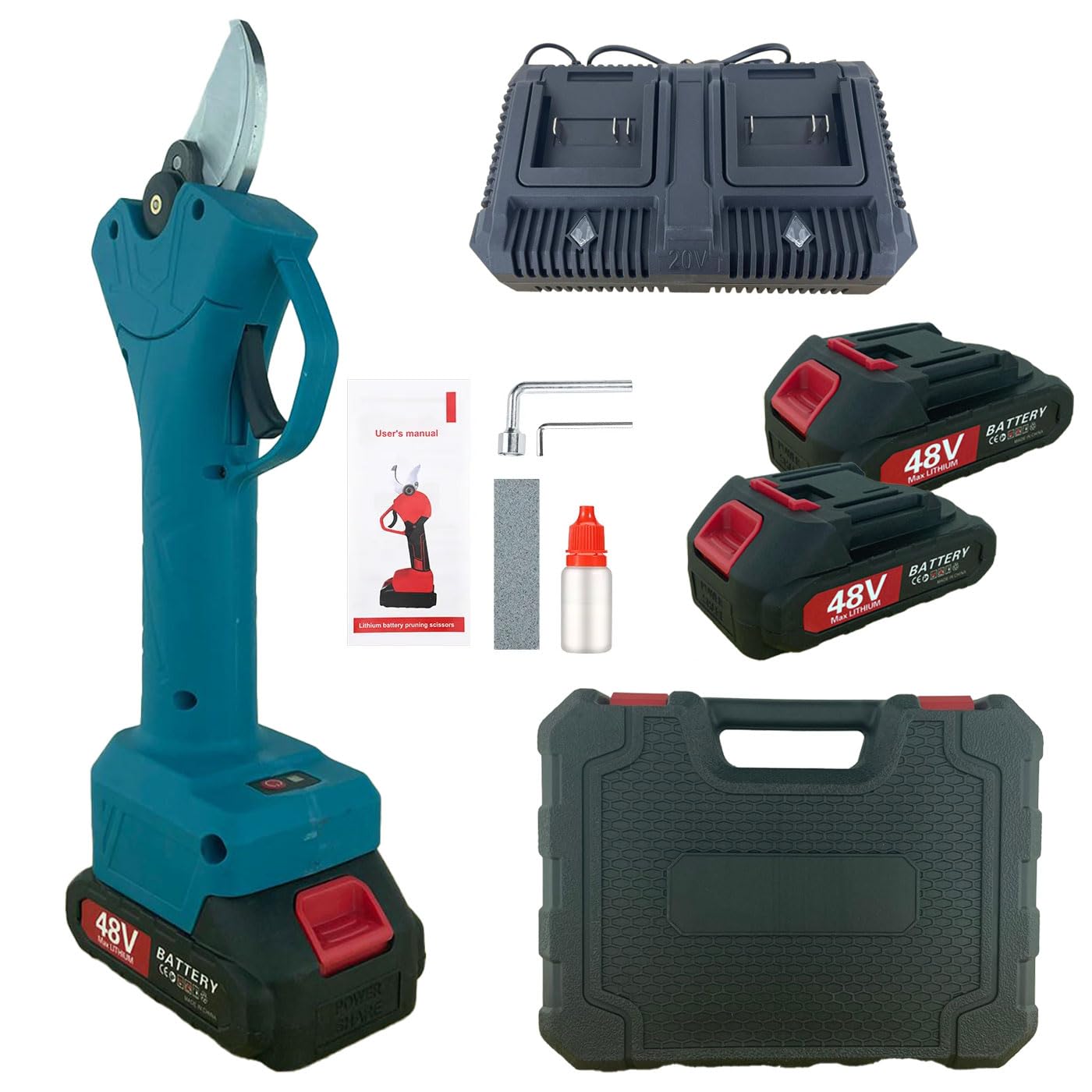 FORBICI A BATTERIA DA POTATURA + VALIGIA CESOIA CON 2 BATTERIE 48V 2.5 AH DOPPIO CARICABATTERIE DA TAVOLO TAGLIO 25MM PER RAMI DI ALBERI DI FRUTTA DI COLORE BLU VERDE ROSSO 2 ANNI GARANZIA