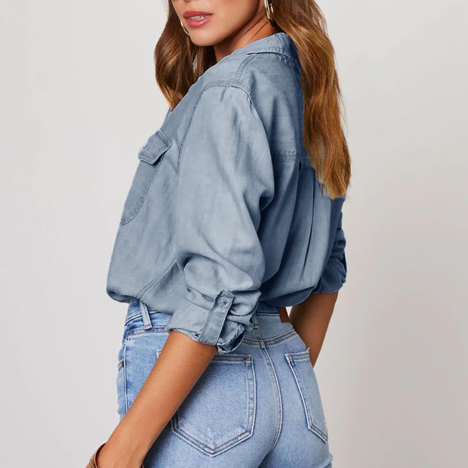 T-shirt à manches longues pour femme, élégant, en coton, pour l'été, oversize, col en V, couleur unie, fermeture avant, chemisier surdimensionné, pour le travail, tunique classique