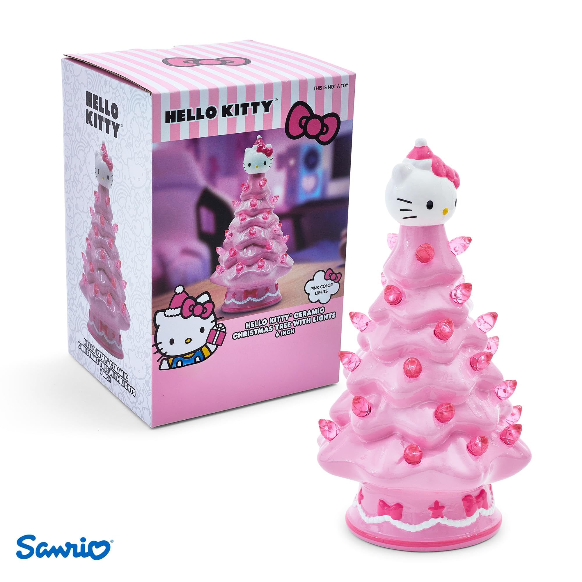 Ukonic Sanrio Hello Kitty Pink Light-Up Ceramic Christmas Tree | Battery-Powered Mood Light | 6 Inches Tall