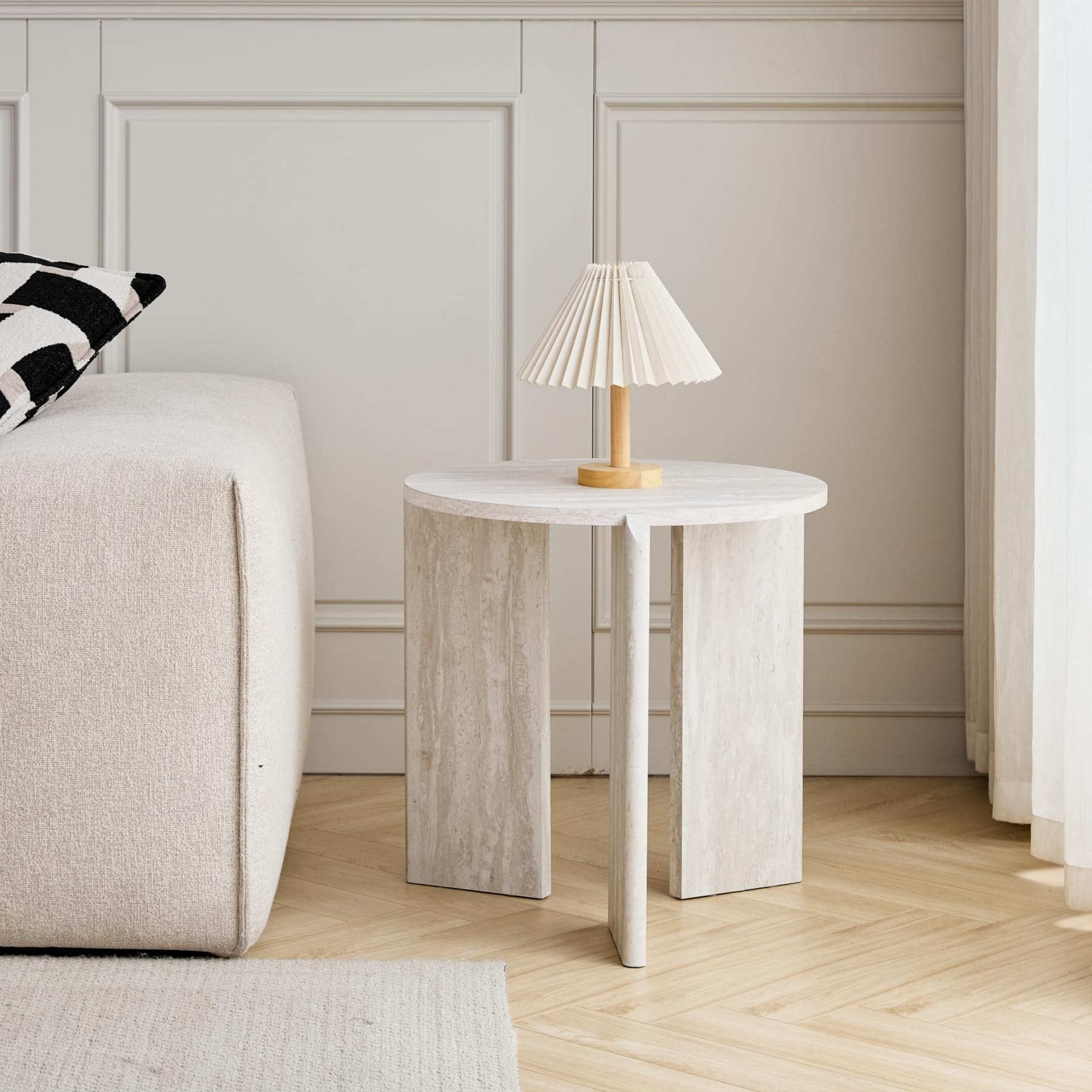 Juego de 2 Mesas de Centro, Mesas de Salón en Imitación de Travertino Blanco, Diseño de Tres Patas, Mesa Auxiliar Moderna de Estilo Minimalista, Adecuada para Salón y Dormitorio