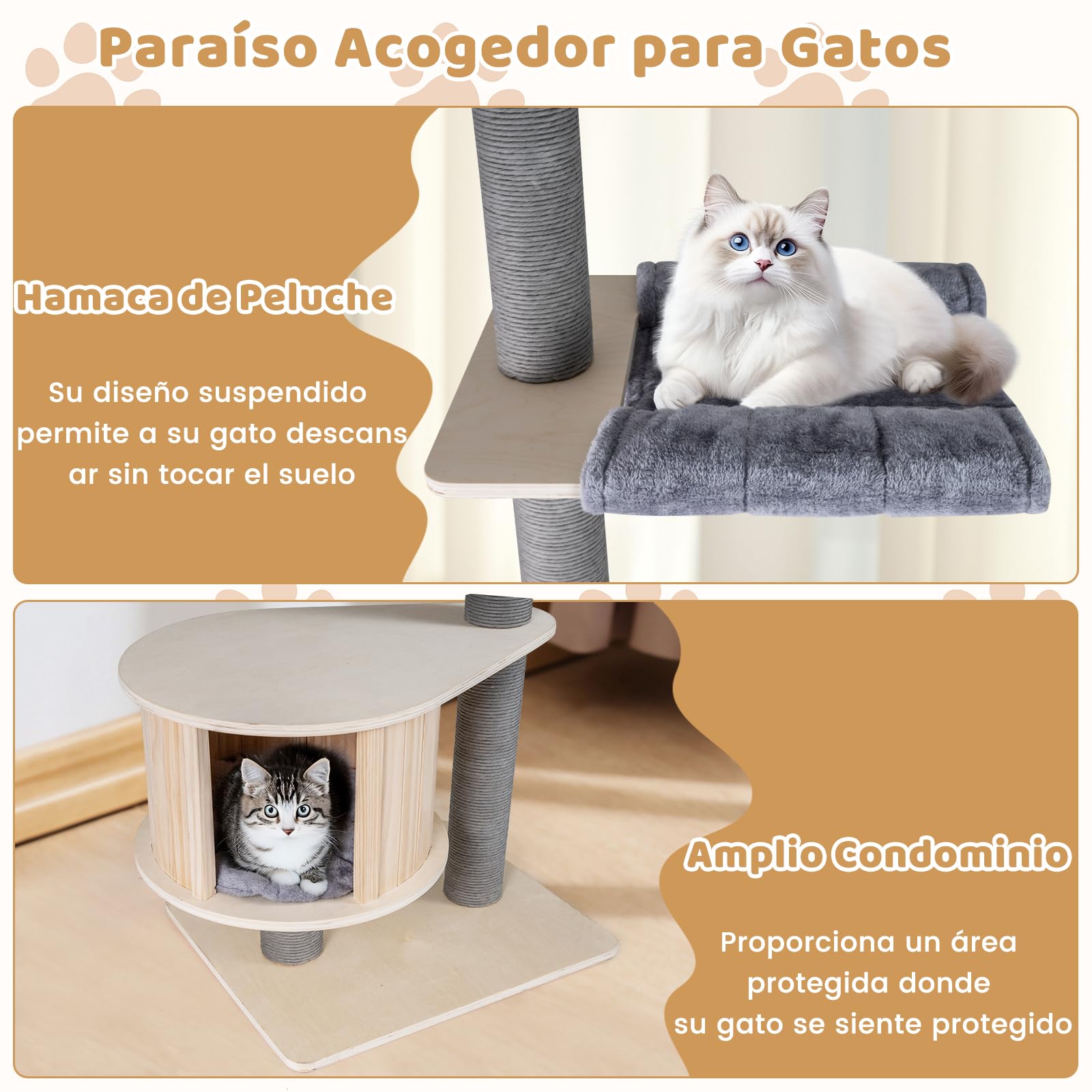 COSTWAY Árbol Rascador para Gatos de 236-271 cm Ajustable en Altura, Árbol para Gatos de Suelo a Techo con Percha, Condominio, Postes Rascado, Plataformas y Cojines, Torre Gato Alta de 5 Niveles, Gris
