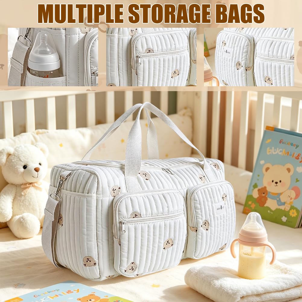 Grand sac à langer, sac clinique de naissance, 48 × 22 × 26 cm, en coton, sac pour bébé, avec broderie, sac maman pour l'hôpital, la naissance, les voyages et la poussette, pliable avec