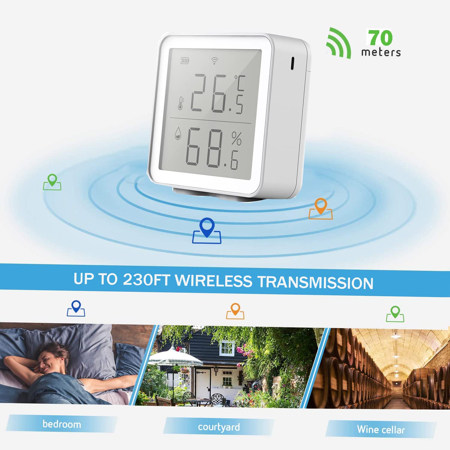 Kavolet WiFi sensore di temperatura wireless, termometro igrometro interno, compatibile con l'app Tuya e con archiviazione dati e funzioni di allarme