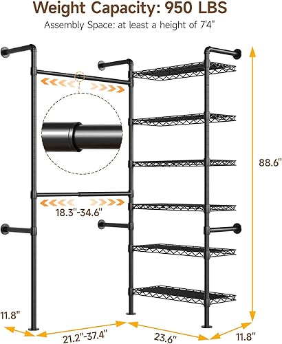 Miniatura 2 de L2 - Sistema de armario montado en la pared, perchero industrial de tubería con 2 varillas telescópicas y 6 estantes, sistema de organizadores de