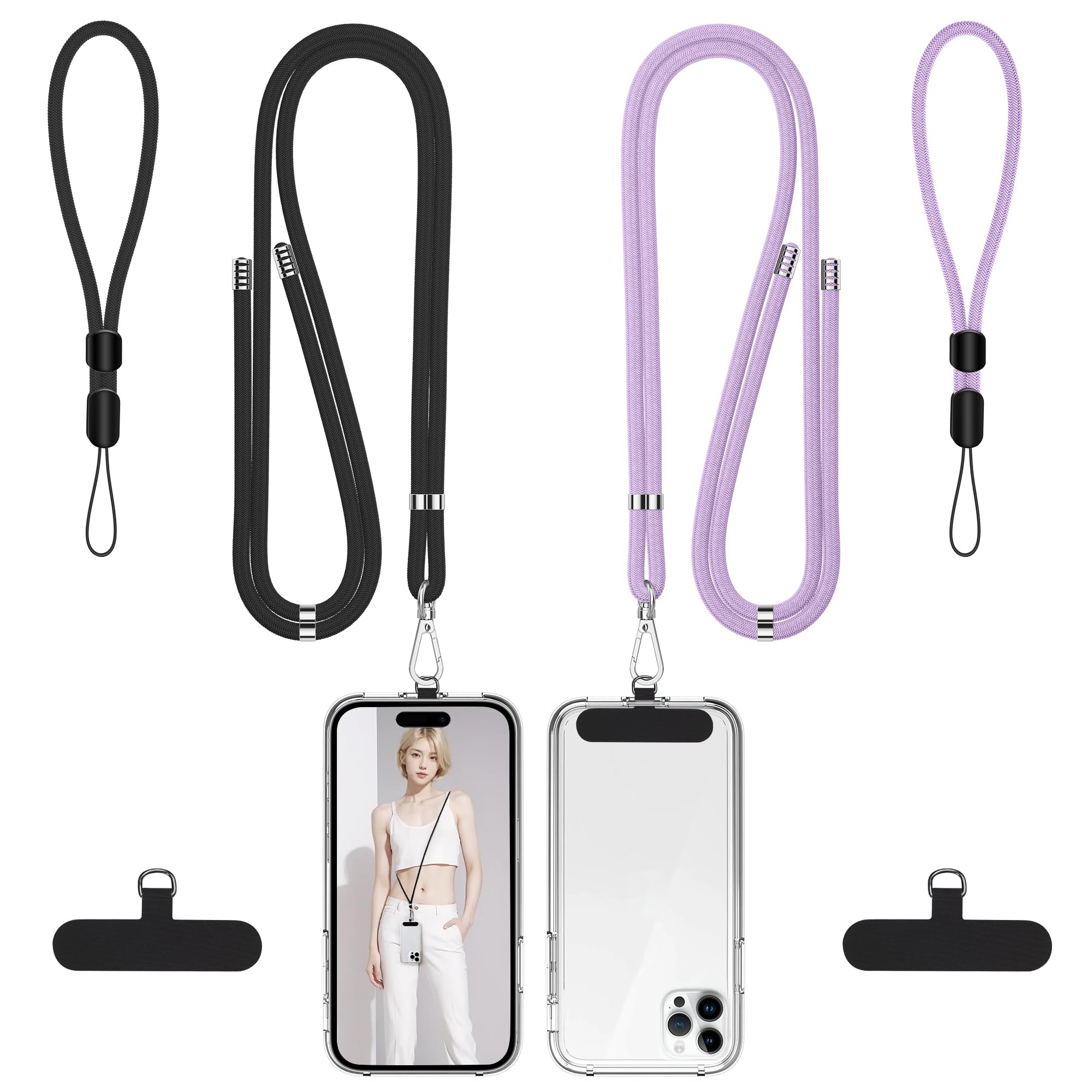 takyu Phone Lanyard, 2 Pack Adjustable Cell Phone Lanyard Crossbody Neck Strap &amp; 2 Pack Phone Wrist Strap with Tether Tabs Compatible for iPhone Android Smartphones-Black Purple