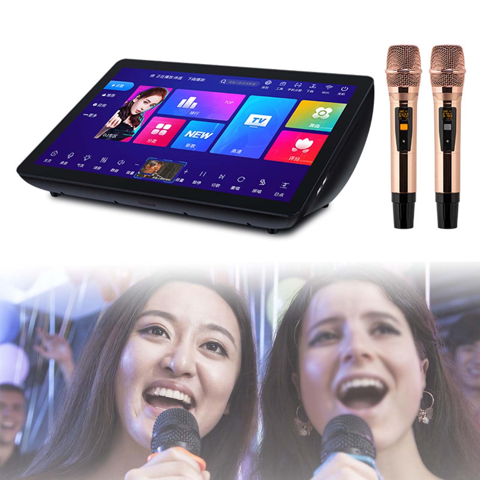 Máquina de karaoke de pantalla táctil con micrófonos inalámbricos, control de aplicación, juego en línea/fuera de línea, función amplificador, más de 20 idiomas para fiestas de karaoke en casa