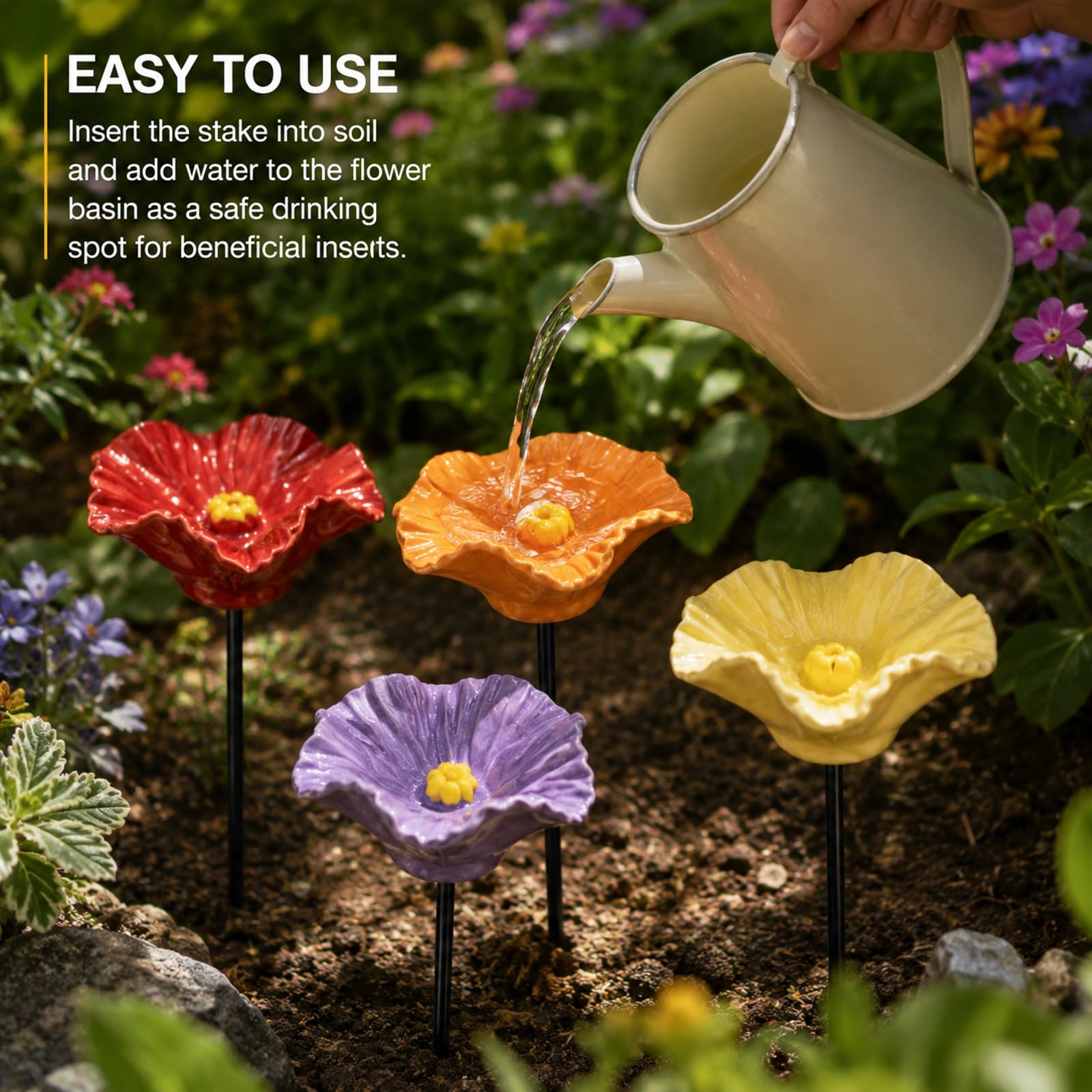 Gartenort Bienentränke – Blüten-Design Für Nützlinge, Handgefertigte Insektentränke Wetterfest, Dekorative Kunstharz Wasserschale & Bienenretter Für Garten, Balkon & Terrasse (4 Blüten)