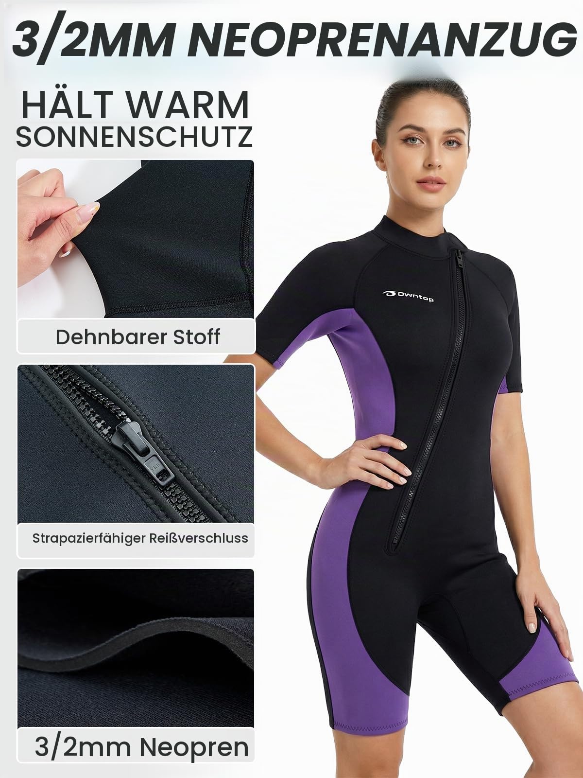 Owntop Neoprenanzug Damen Shorty 3 mm – Neopren Shorty mit Frontreißverschluss, Kurzarm Wetsuit für Surfen, Schwimmen, Tauchen & Triathlon, Violett M