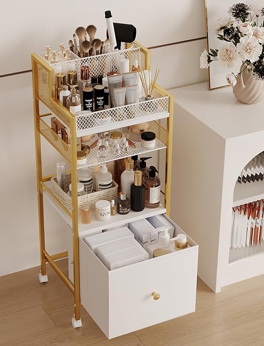 Floor Makeup Organizer Cart, Large Skincare Organizers with Drawer, Make Up Carts for Vanity, Makeup Stand Storage Cosmetic Organizer, Bathroom Vanity Organizer for Skin Care Hair Tool Beauty