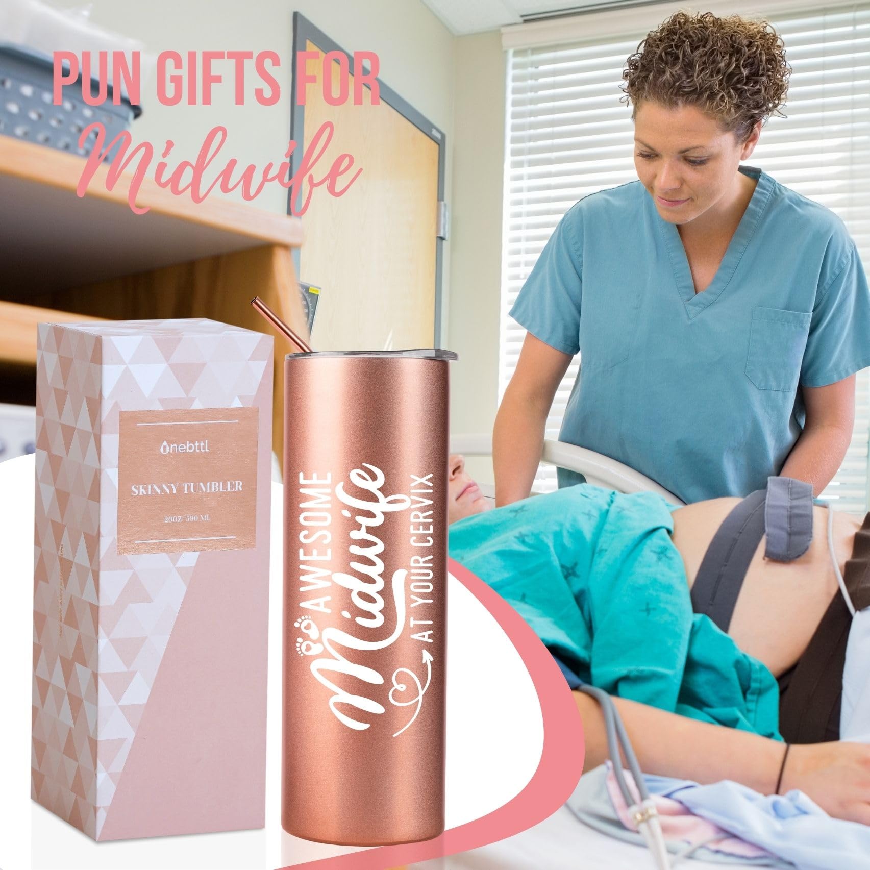 Onebttl Midwife Gifts for Women, Obgyn Doula Gifts for Doctors Nurse, 20oz Skinny Vacuum Insulated Travel Mug Tumbler for Coworkers, Rose Gold, Awesome Midwife