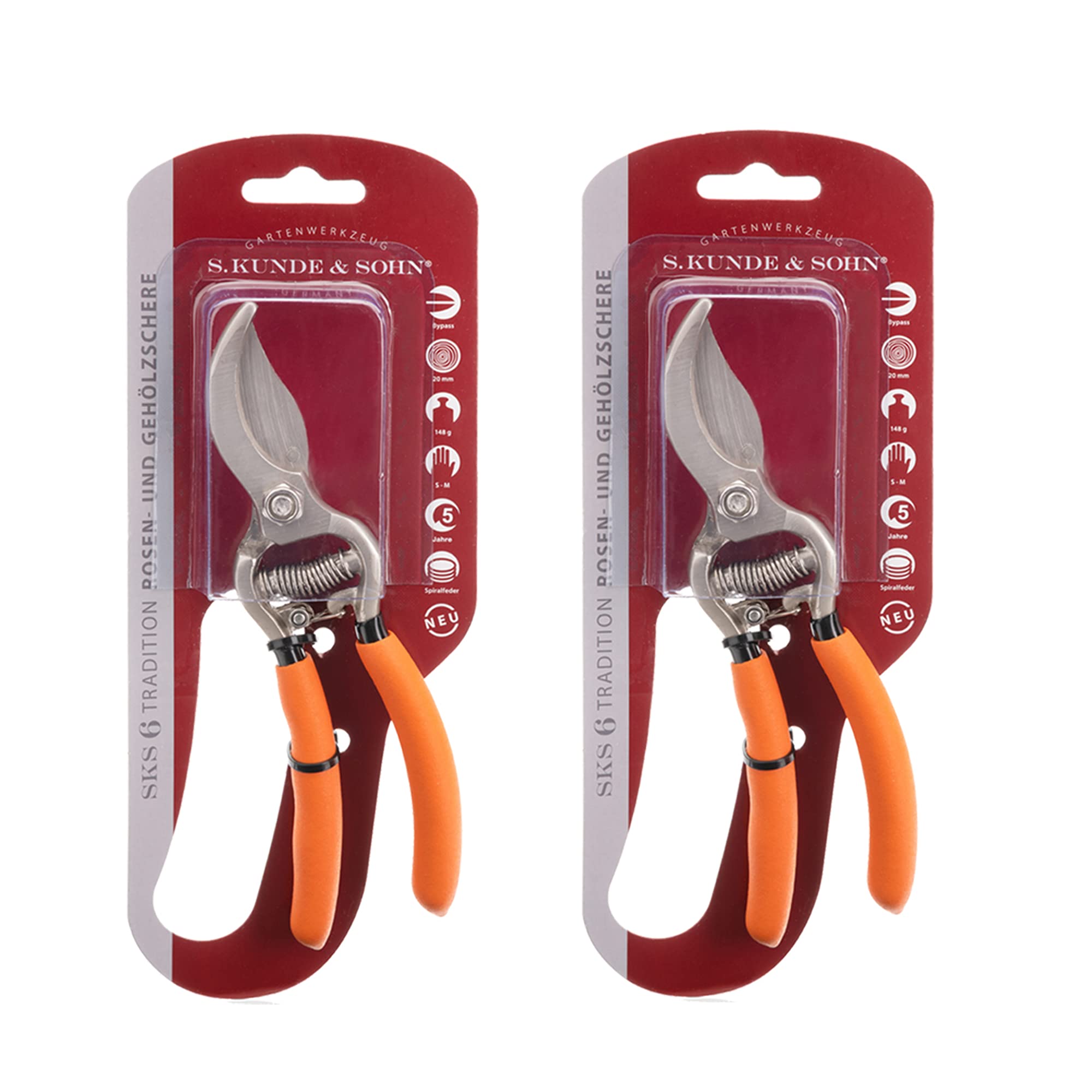 S. Kunde & Sohn Germany – die leichteste geschmiedete Gartenschere 2ER-Set 2X SKS6 – ergonomisches Design – Bypass – Rosen-Rebschere – ∅20mm – kompl. beschichtet, rostfrei