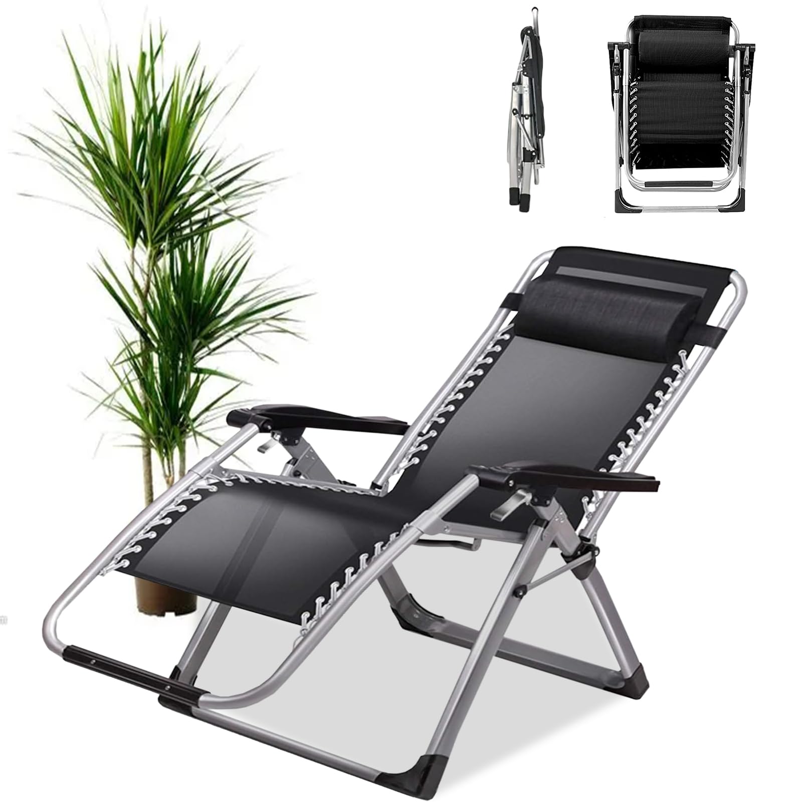 Sillas de Gravedad Cero, reclinables para jardín, tumbonas para Exteriores con Bandeja Lateral, para Patio, terraza, jardín y Camping (A-Negro, Juego de 1)