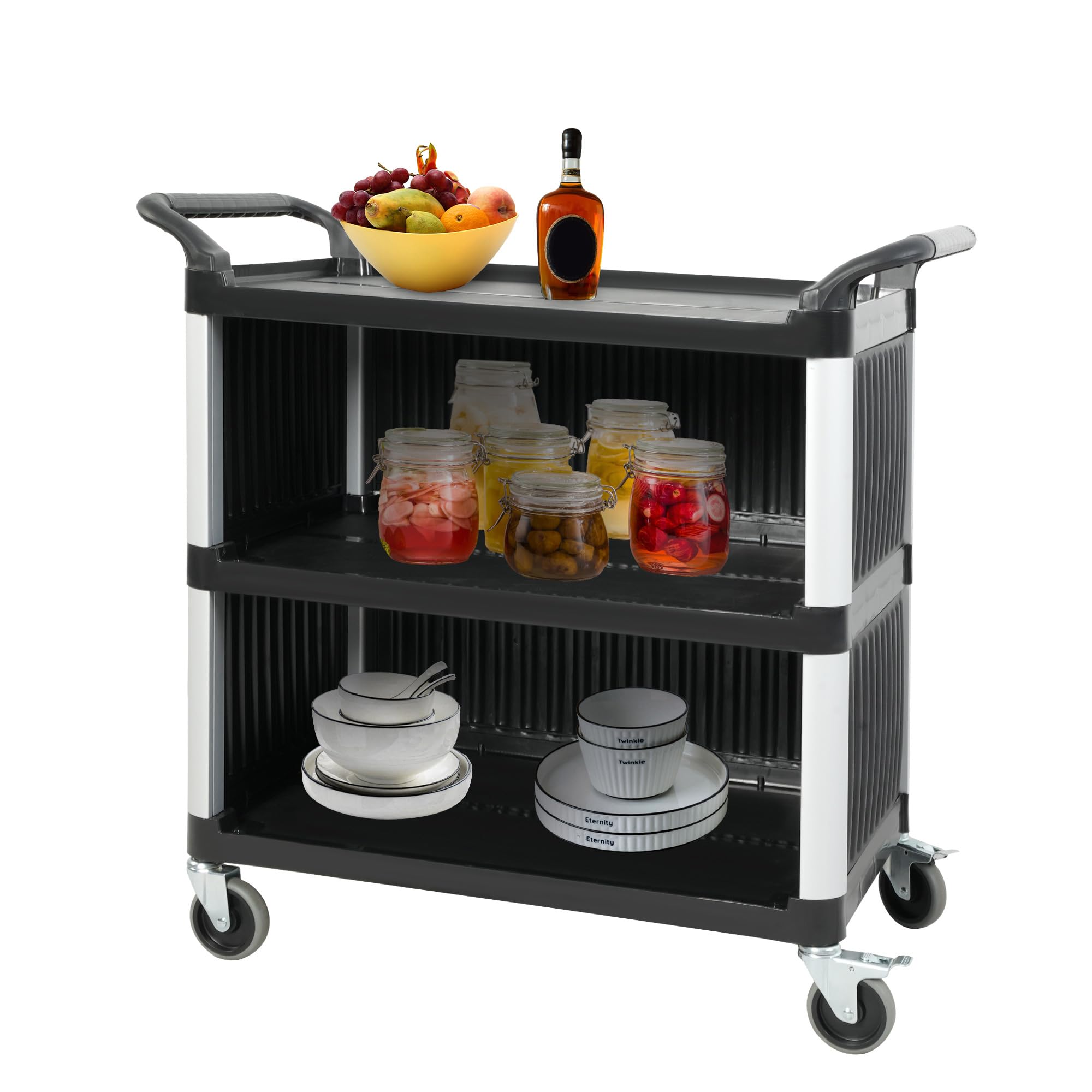 Endynino Rolling Kitchen Cart, 3-Tier Service Utility Carts, Storage Mobile Kitchen Cart with Handle & Lockable Wheels, Portable Rolling Cart for Home Hotel Restaurant (Black)