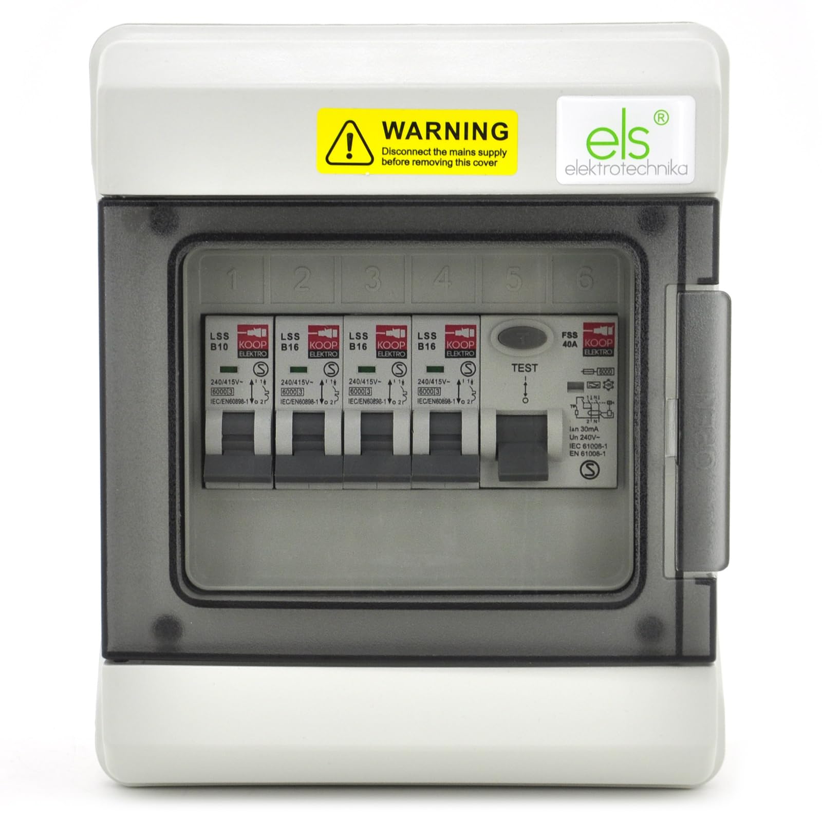 ELS Elektrotechnika Feuchtraum Verteilerkasten IP66 Aufputz | 6 Module Sicherungskasten Vormontiert mit FI-Schutzschalter & 4x LS (1xB10/3xB16) Typ A - UV-Beständig Outdoor