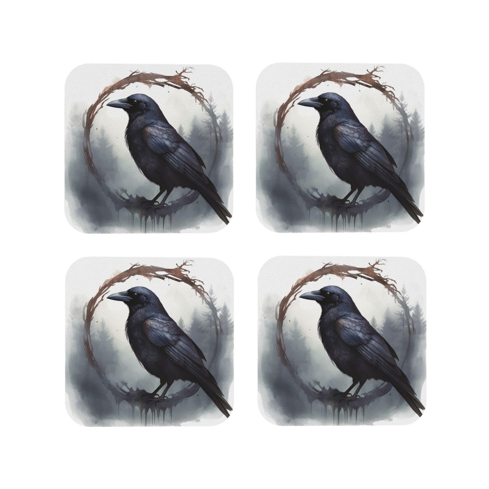 4Pcs PU Leather Coaster for Drinks, Black Crow Cup Coastersr 4" Cup Mat Pad, Aesthetic Drink Coasters for Coffee Table, Square Coaster for Tabletop Protection