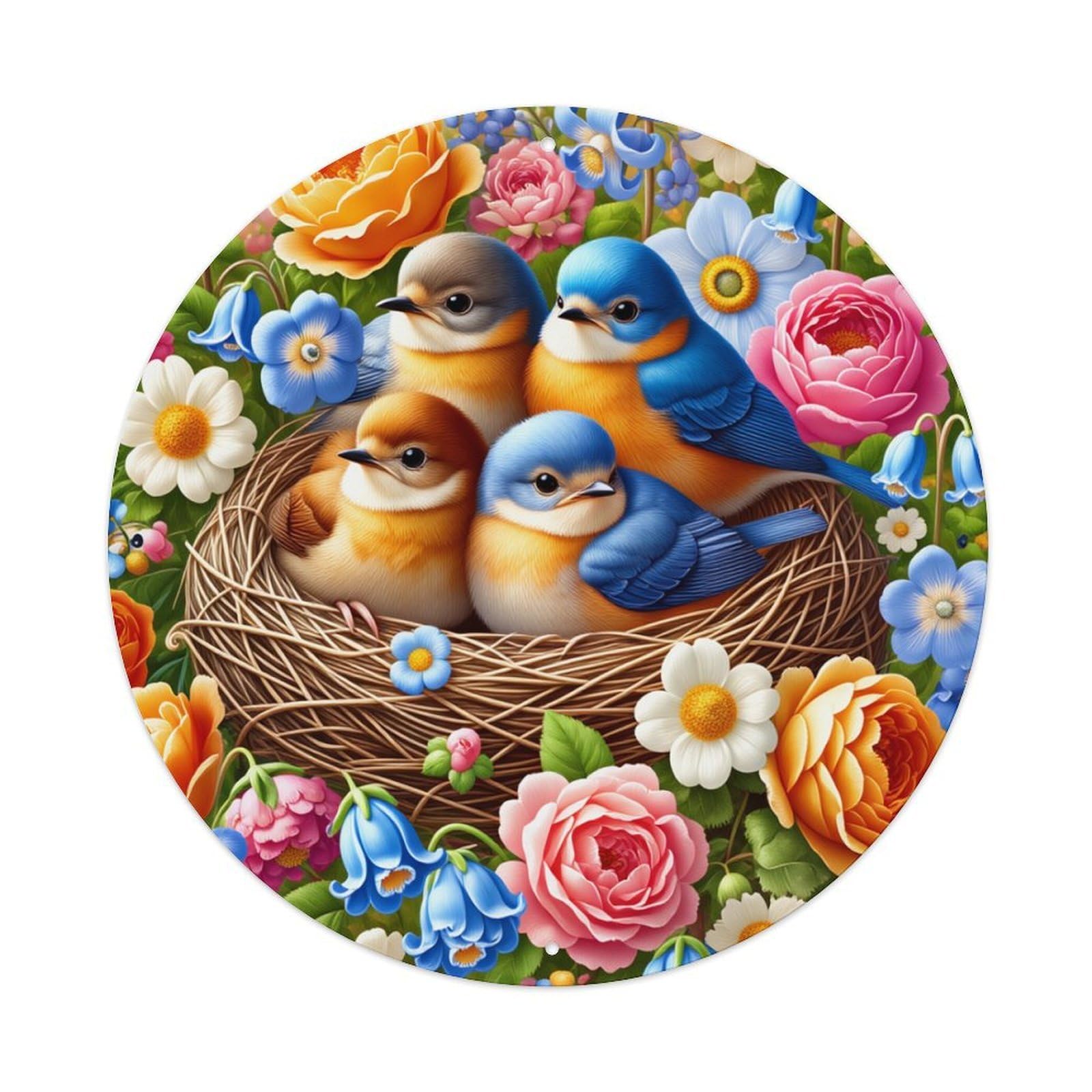 Birds Nest Flowers Spring Nature Round Tin Sign Retro Metal Sign for Cafe Bar Pub Home Game Room Gym Club Wall Decoration Vintage Metal Poster 8x8 Inch