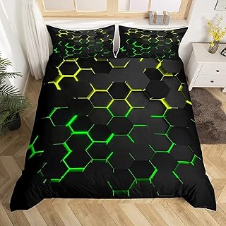 Honeycomb Bedding Duvet Cover Queen Size,Geometry Hexagon Theme with Green Yellow Neon Lights Comforter Cover,Boys Teen Man Chic Creative Home Bedding Quilt CoverÂ 3Pcs with 2 Pillowcases,Black