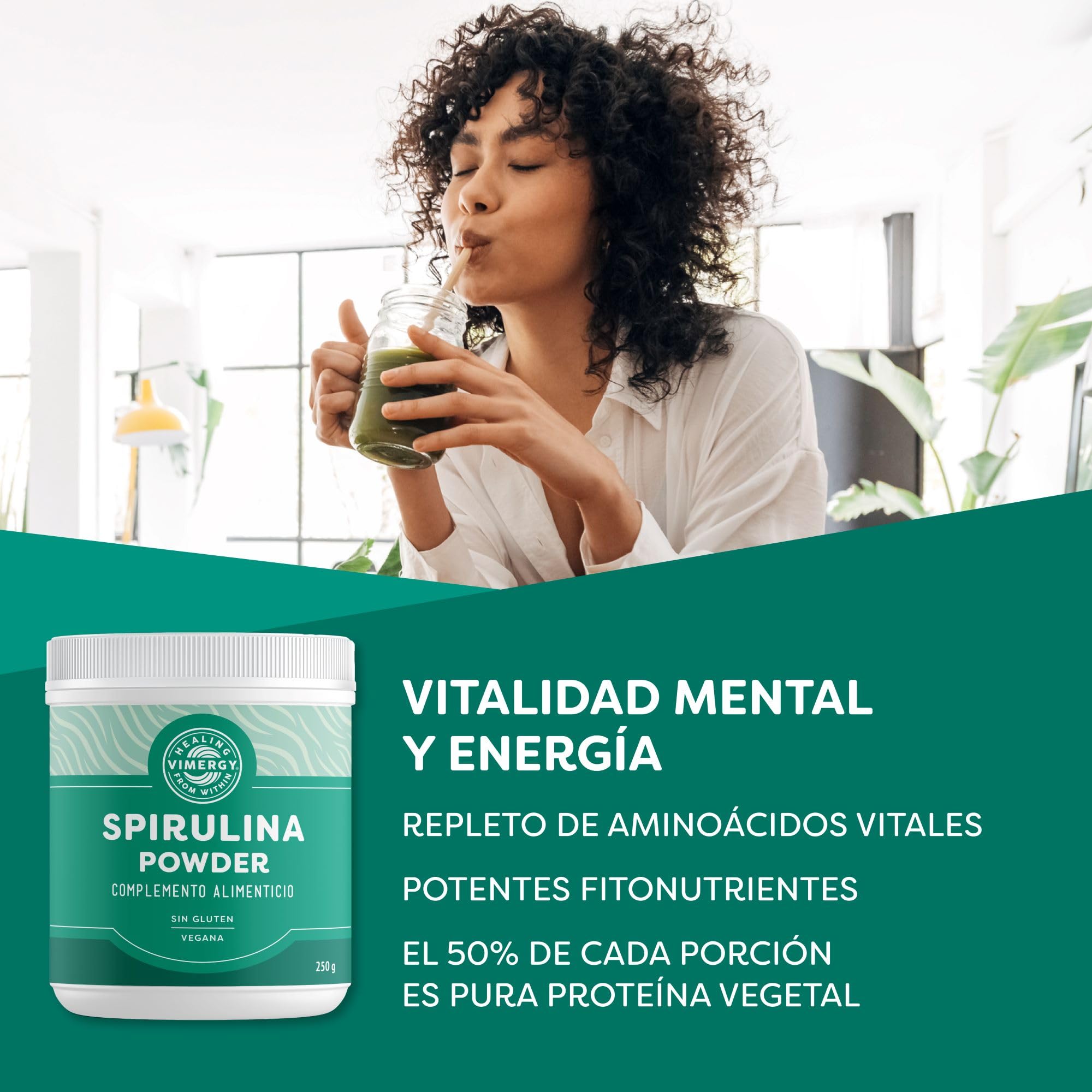 Vimergy Spirulina Powder – 250 g, 83 Dosis – Espirulina en Polvo de Fácil Digestión y Rápida Absorción – Suplemento Vegano - Formulado sin Antiaglomerantes, Rellenos ni Colorantes – Sin OMG ni Gluten