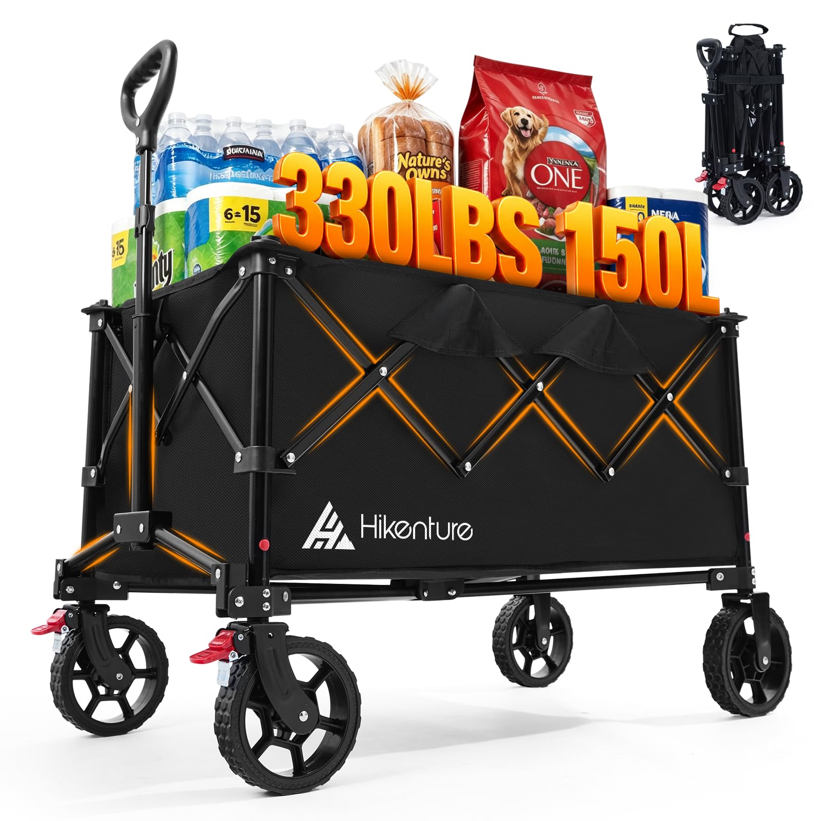 Hikenture 150L Wagons Carts Foldable, 330 lbs Collapsible Heavy Duty Wagon