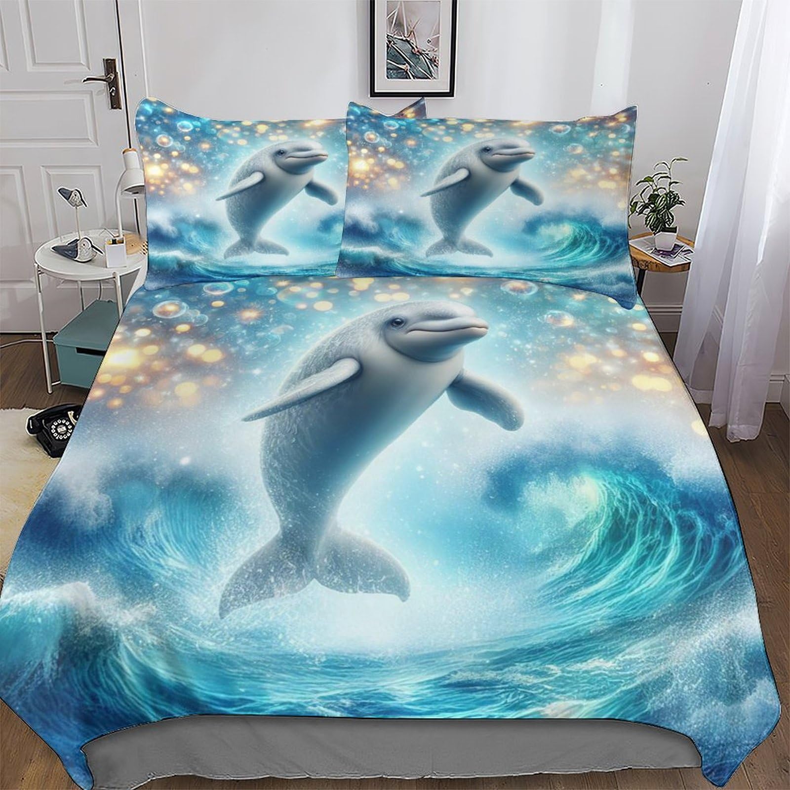 Parure de lit dauphin douce anti-plis avec housse de couette zippée 3 pièces pour lit double