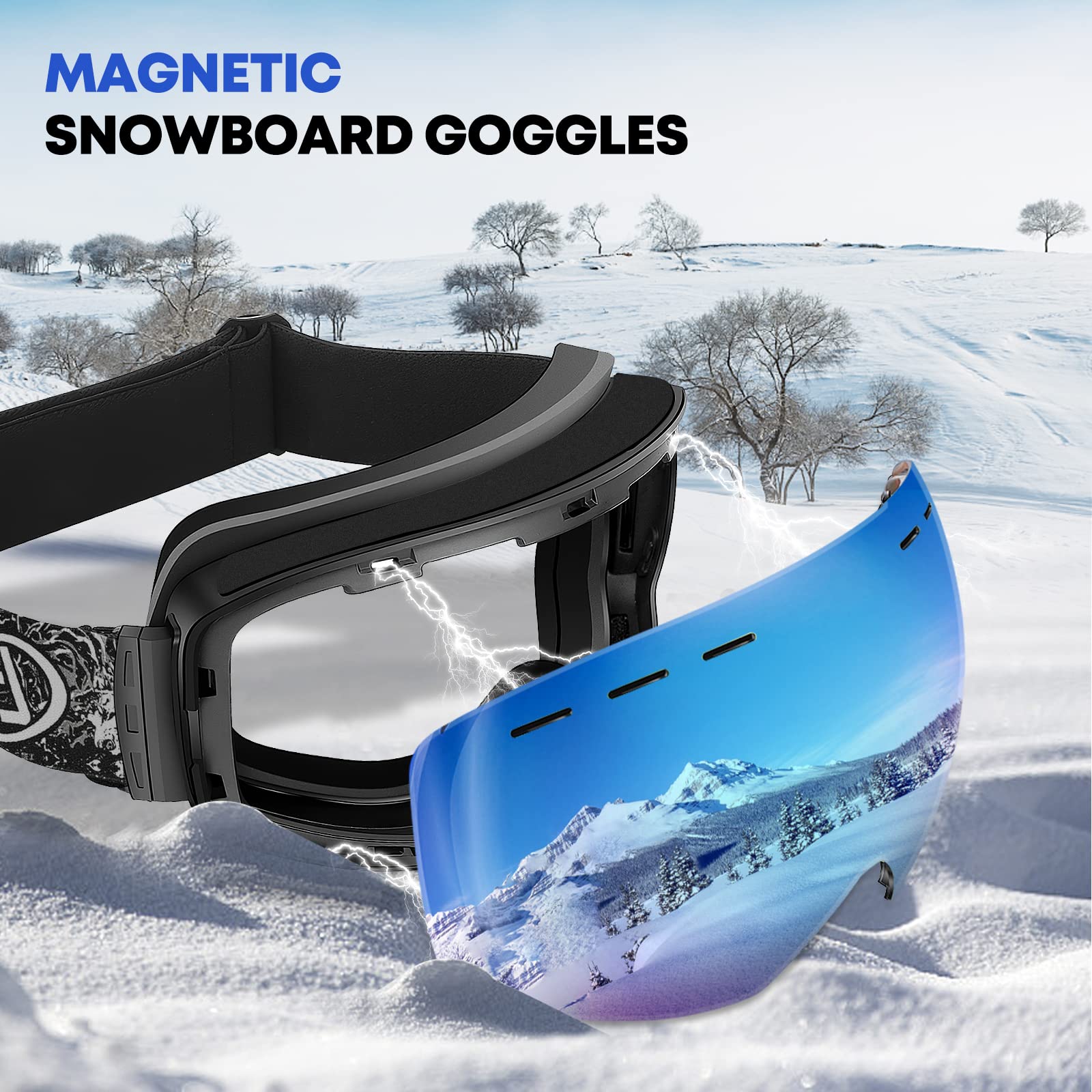 GONICVIN Lunettes de Ski, Lunettes de Snowboard Magnétiques Lunettes de Ski Anti-buée pour Hommes, Femmes, Porteurs de Lunettes, Protection UV