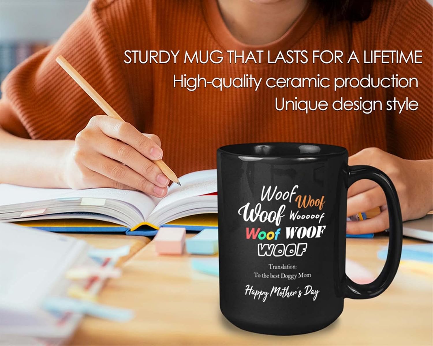 Bubble Hugs Dog Lover Coffee Mug 15 Oz Black - Woof Woof Woof Translation - Mother's Day Mama Pet Owner Puppy Animal Lover Paw Birthday