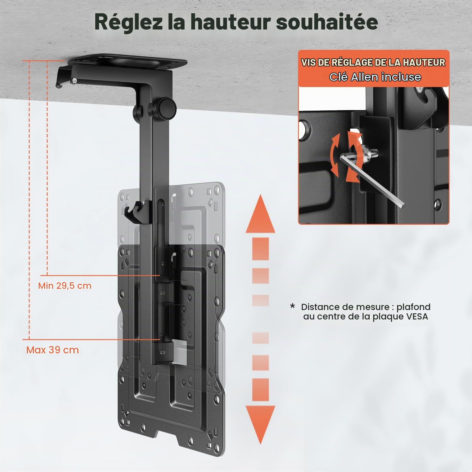 PUTORSEN 23 à 55 Pouces Support TV Plafond, Pliable Support de Téléviseur Pivotant Ajustable pour Plafonds Plats ou Inclinés,Hauteur Réglable Support Plafond TV pour un Maximum 20KG,Max VESA 400x400mm