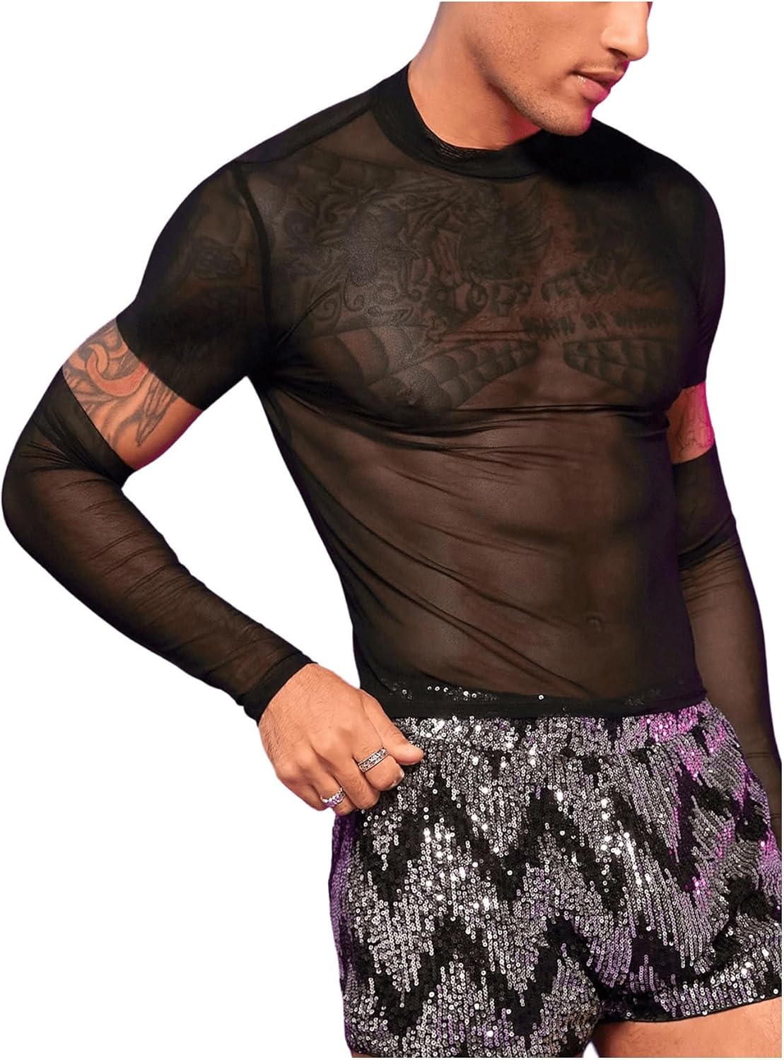 SHENHE Men's Cut Out Sheer Mesh Crewneck Long Sleeve Fitted Crop Tee Shirt Party Top - Image 5