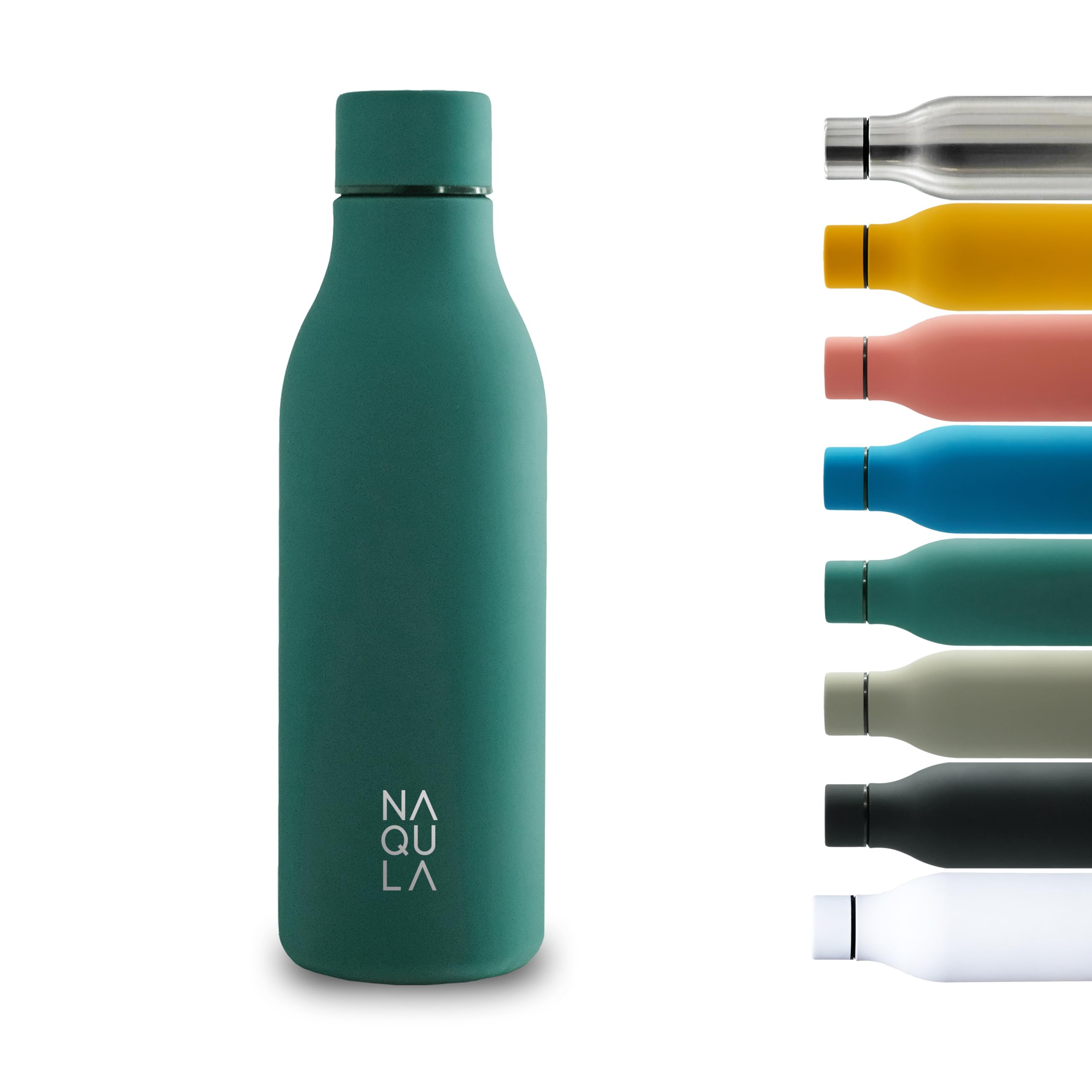 NAQULA® Thermosflasche Edelstahl 500ml. BPA Frei. Auslaufsicher. Modern. Stilvolle Trinkflasche. Minimalistische Wasserflasche. Geeignete Flasche für Büro, Sport, Schule. Grün (midnight green).