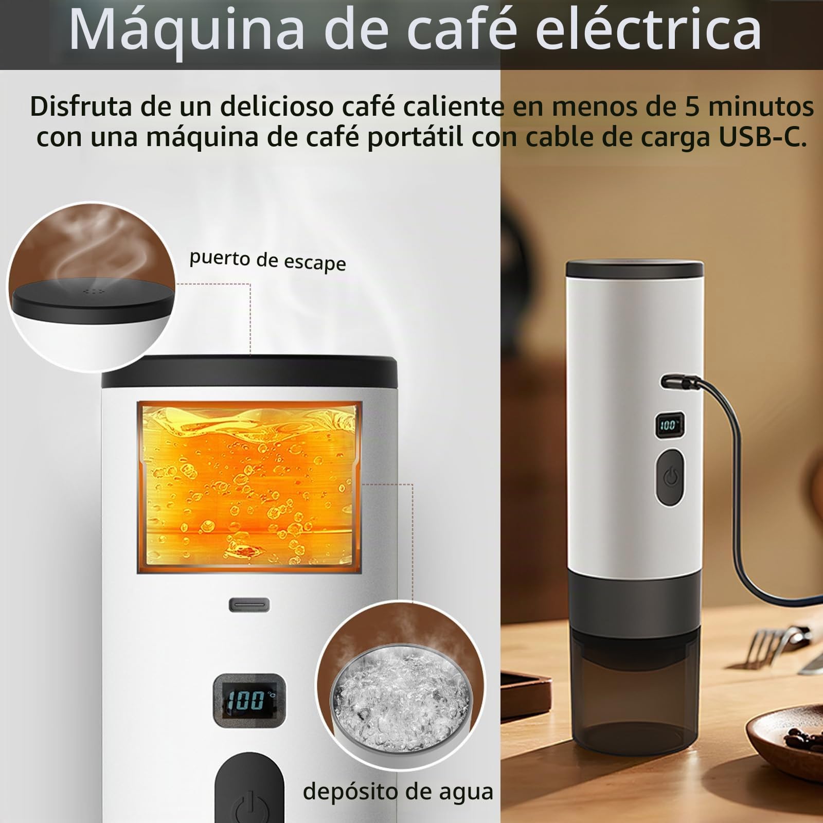Cafetera Espresso Eléctrica Portátil 3 en 1, Cafetera de Viaje para Camping 90ml Máquina de Café Expreso Eléctrica, Cafetera de Coche Autocalentable para Oficina Viaje Camping (Blanco+Soporte)