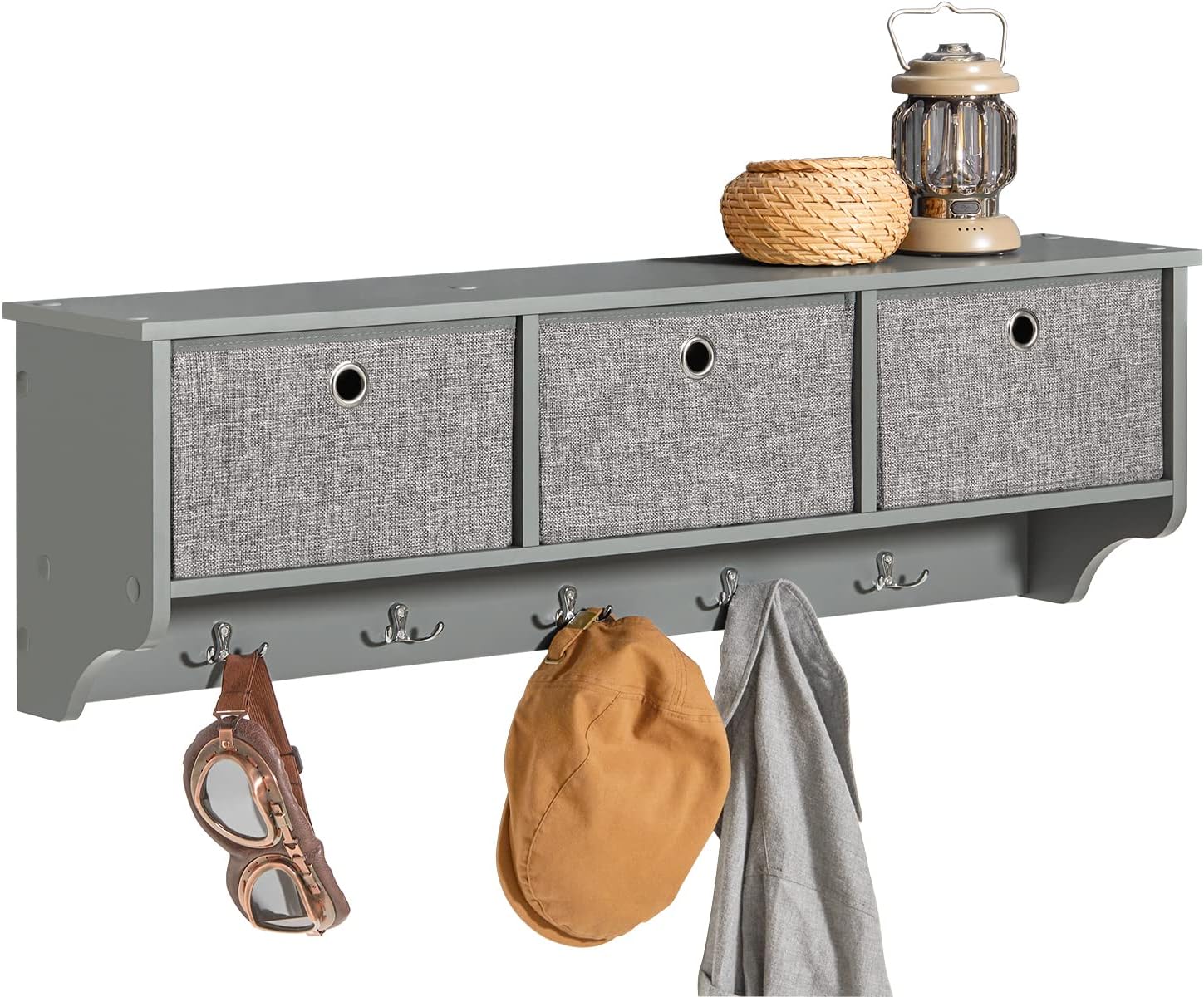 SoBuy Wall Coat Rack Wall Shelf Storage Unit with 3 Baskets & 5 Hooks - Coat Hooks Wall Mounted for Hallway Organiser - Storage Cabinet for Coats, Bags, Scarves W100xD20xH31cm Grey FRG282-HG