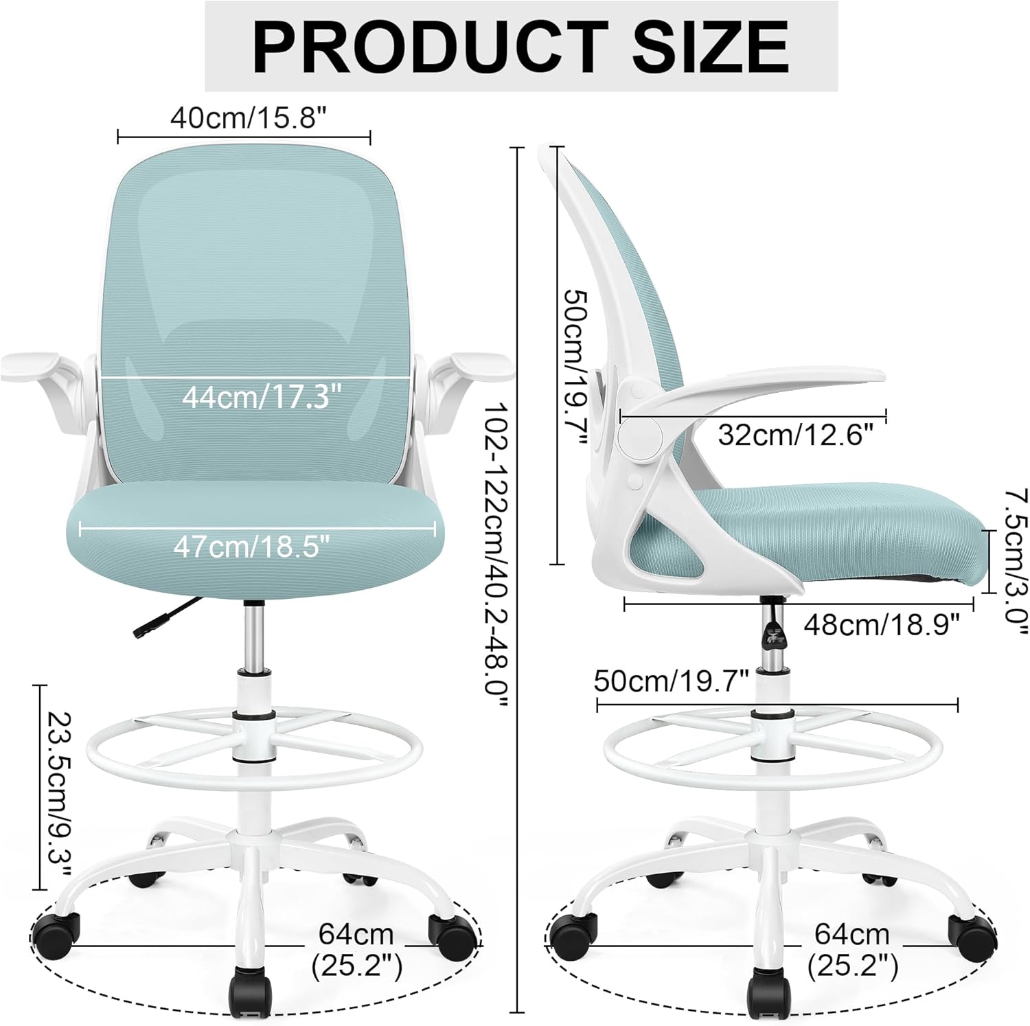 (used)drafting chair tall office chair with flip-up armrests, adjustable height, and enhanced lumbar support - ergonomic rolling stool, back support, and adjustable foot rest ring light blue 934w-z light blue