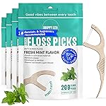 Dental Floss Picks (200pcs) - Flossers for Adults, Vegan Corn-Straw Handle, Superior Oral Care & Anti-Shred Thread, Dental Hygiene, Tooth Pick Sticks, Teeth & Gum Health (Mint, Double Thread)