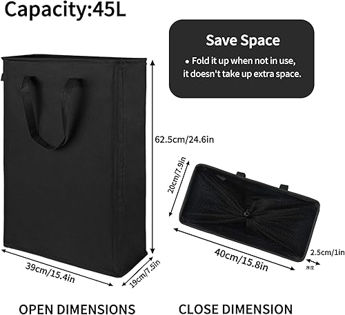 Miniatura 2 de Odonata Slim Laundry Hamper Handles Collapsible Laundry Basket Thin Dirty Clothes Basket Narrow Laundry Bag Foldable Dirty Hamper 45L (Black)