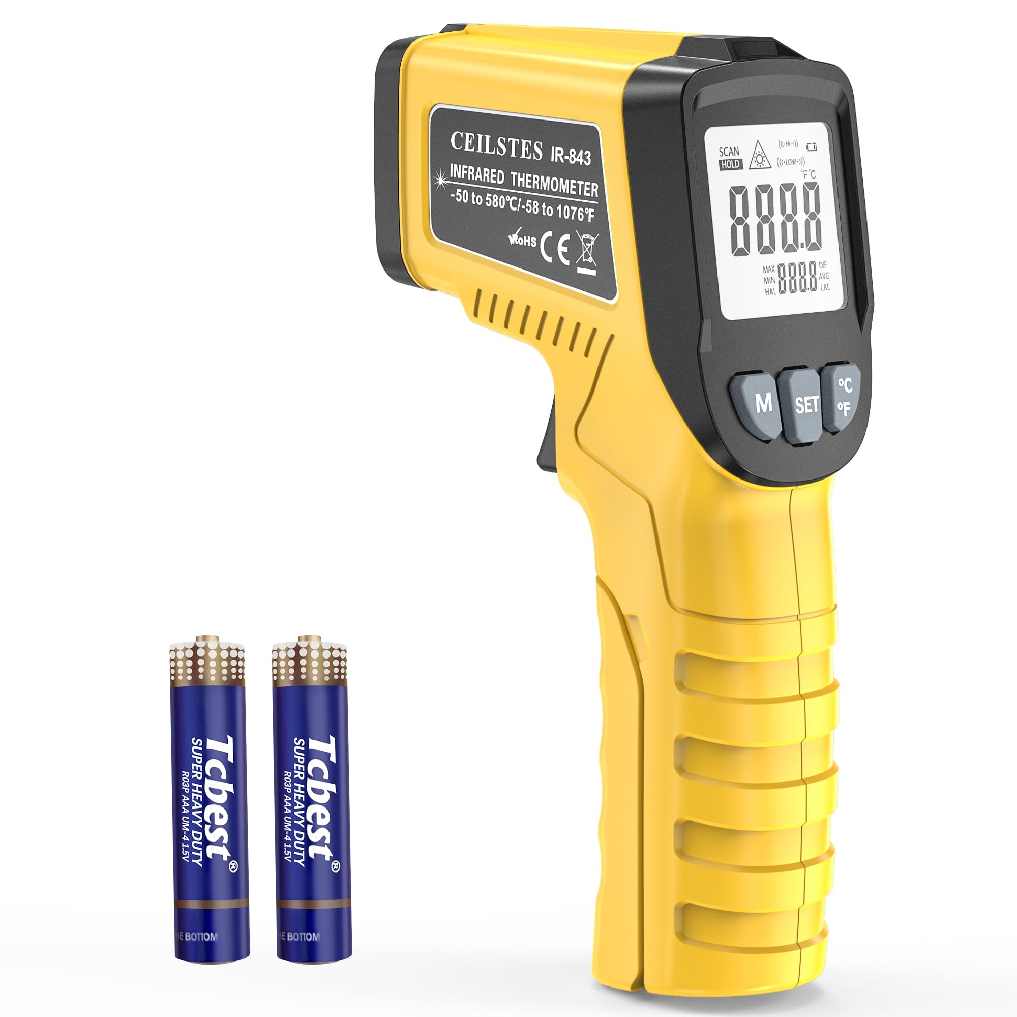 Pistola de termómetro infrarrojo, pistola de temperatura infrarroja para cocinar, pistola de termómetro láser de -50.0 °C ~ 580.0 °C con emisividad ajustable y máx./min, adecuada para la