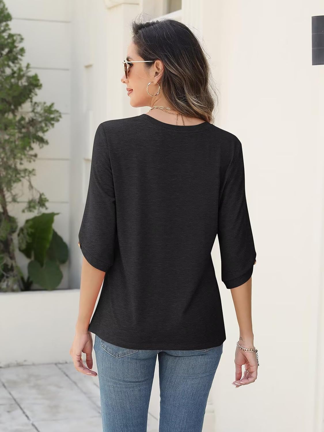 EADINVE Womens Tops 3/4 Length Sleeve Crew Neck Casual Trendy Button Tunic Tops Basic Shirts Loose Fit Blouse - Image 6