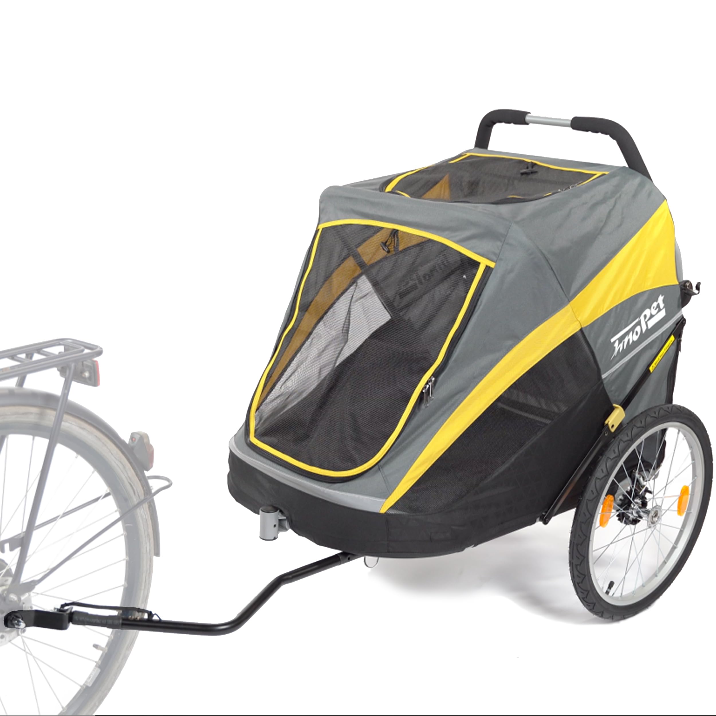 Großer Hundebuggy und Fahrradanhänger Trailer - Innopet Hercules Gelb/Grau - 2in1 mit Umbauset und Regenhaube - Leinen innen - Hundewagen bis 50kg belastbar - 45cm große hintere Luftreifen