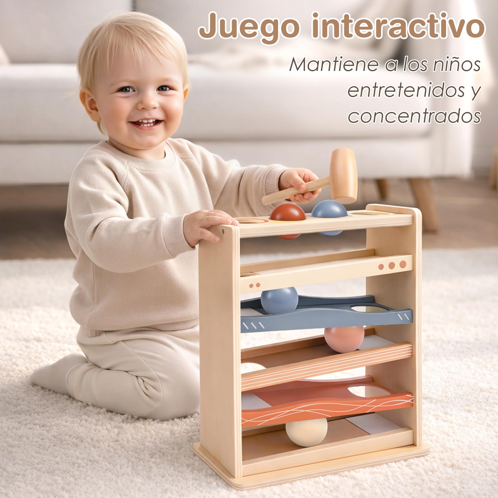 Vanplay Circuito de bolas de madera juguete Montessori desde 1 año, Juego de martillo con 4 bolas y martillo de madera, Sin montaje, Regalo para niños y niñas de 1‑4 años