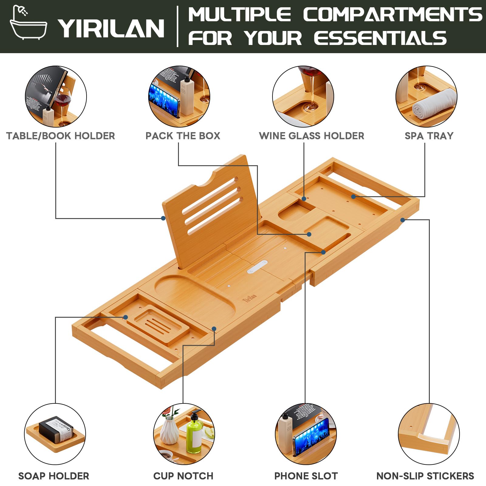 Bandeja plegable de bambú para bañera, 41 pies, bandeja para bañera retráctil, ajustable con sujetalibros, soporte para jabón, toallero y soporte para copas de vino